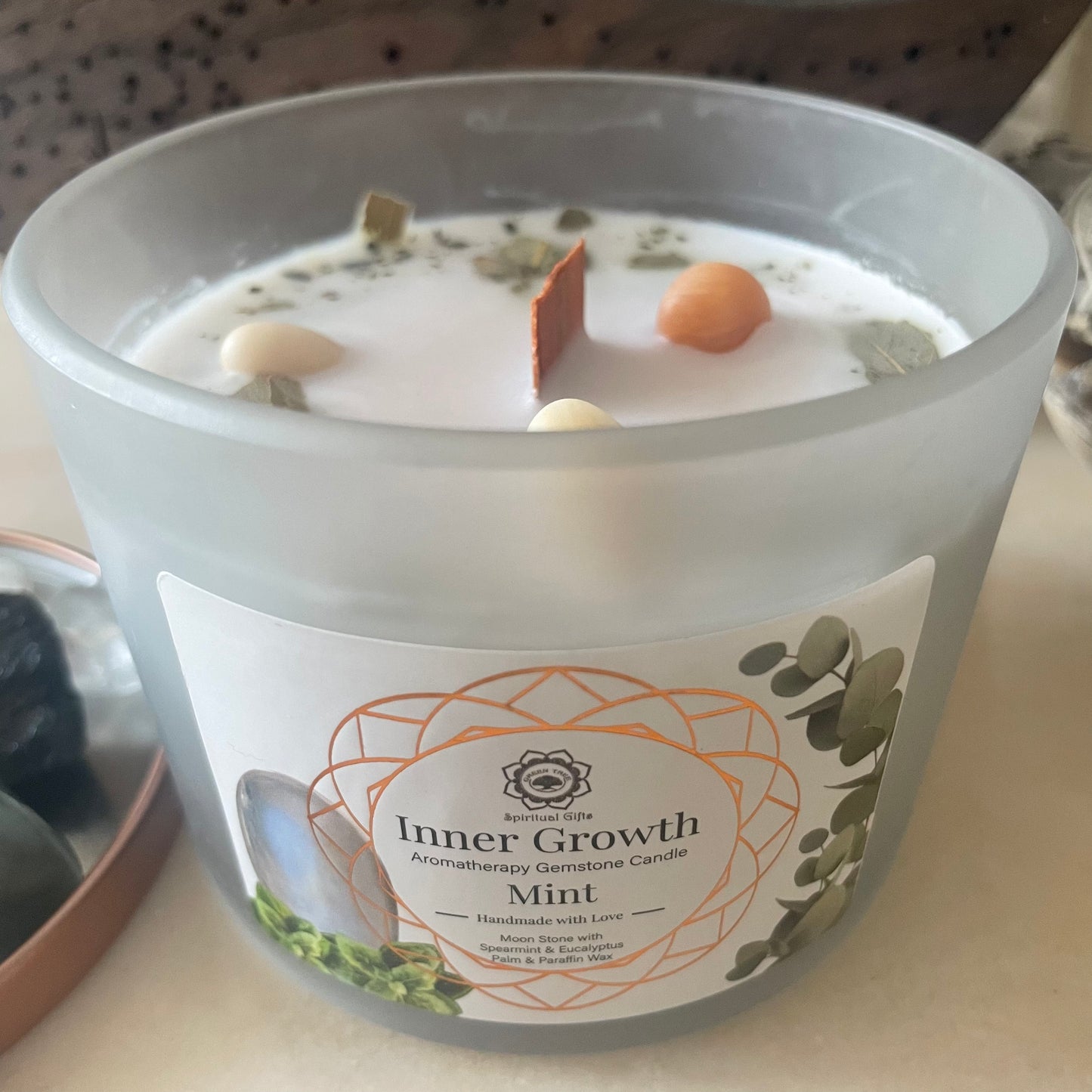 Mint and Moonstone Crystal Candle - Inner Growth