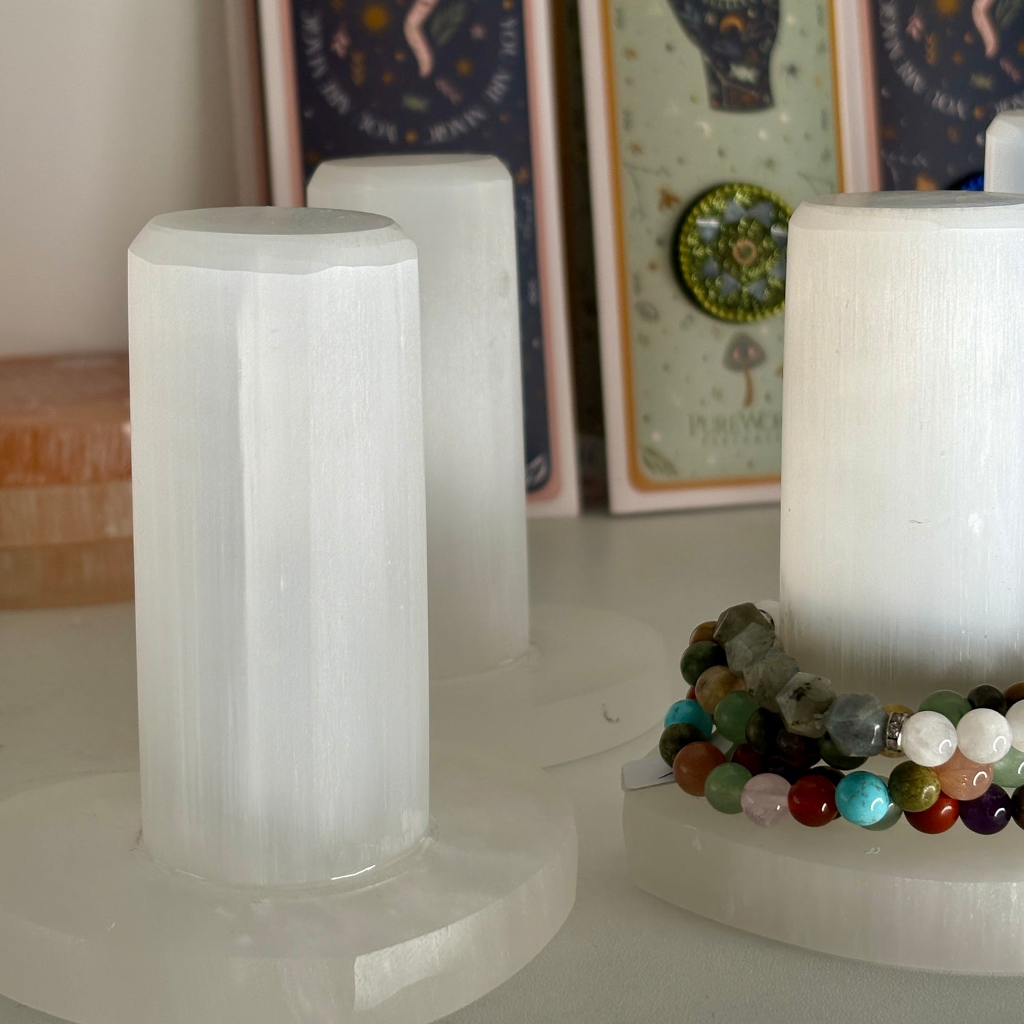 Selenite Bracelet Holder With Heart Shaped Base