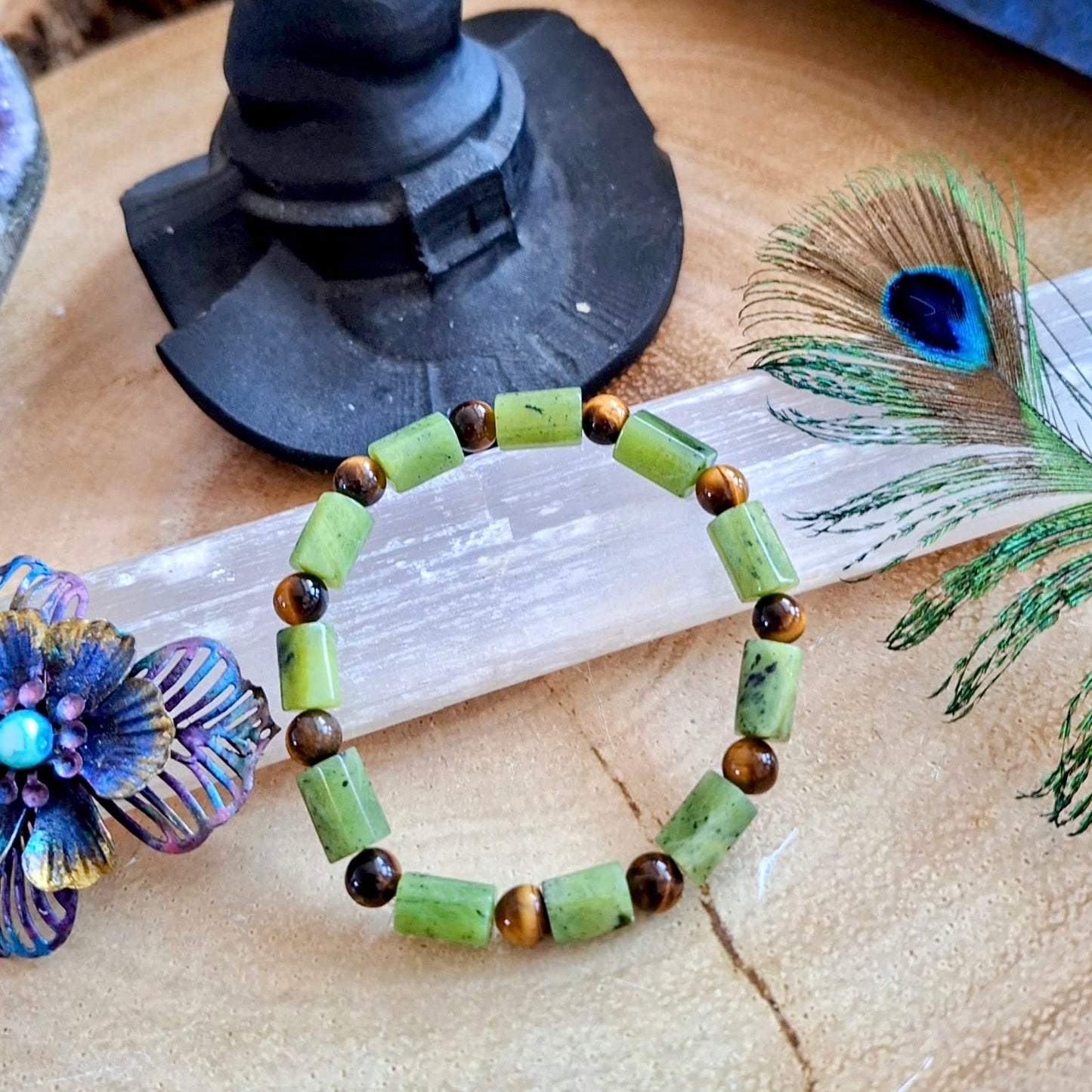 Nephrite Jade and Tigers Eye Beaded Bracelet