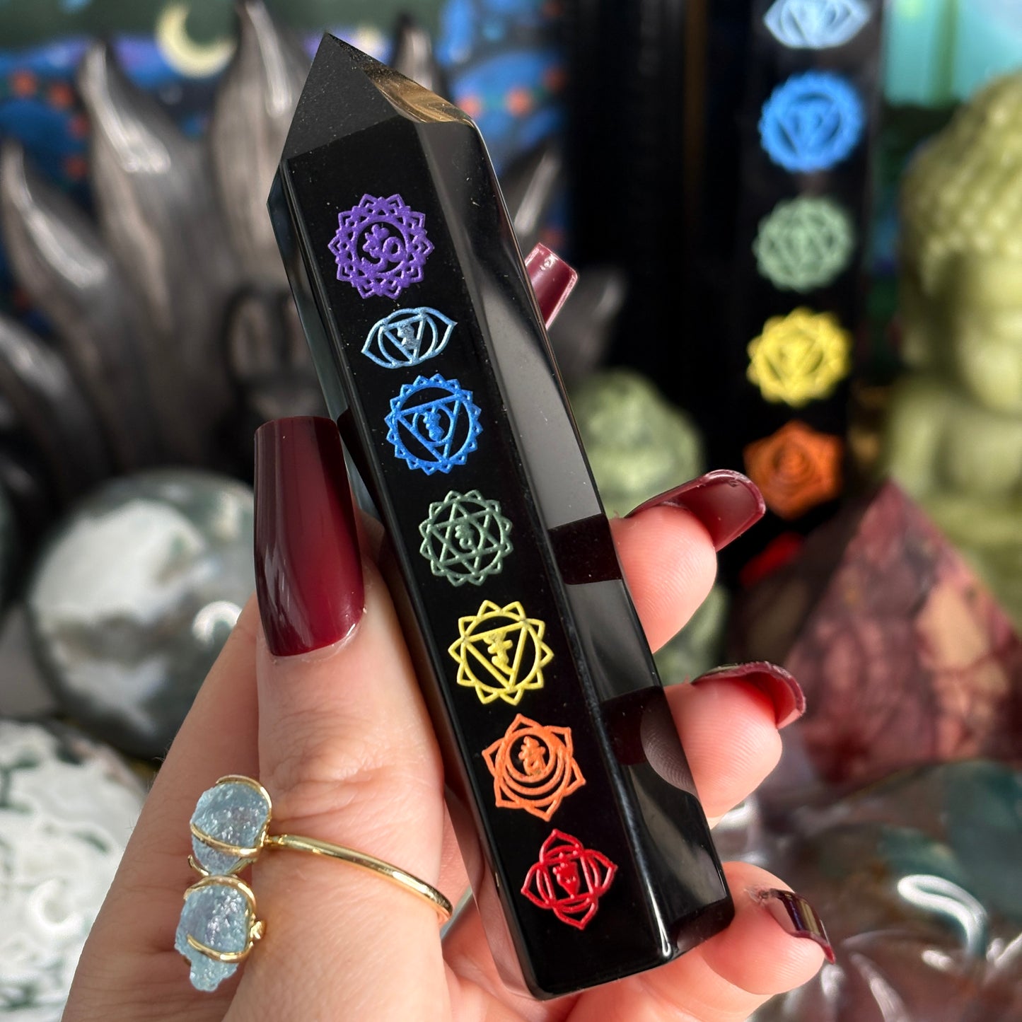 Black Obsidian Chakra Engraved Towers 9-10cm