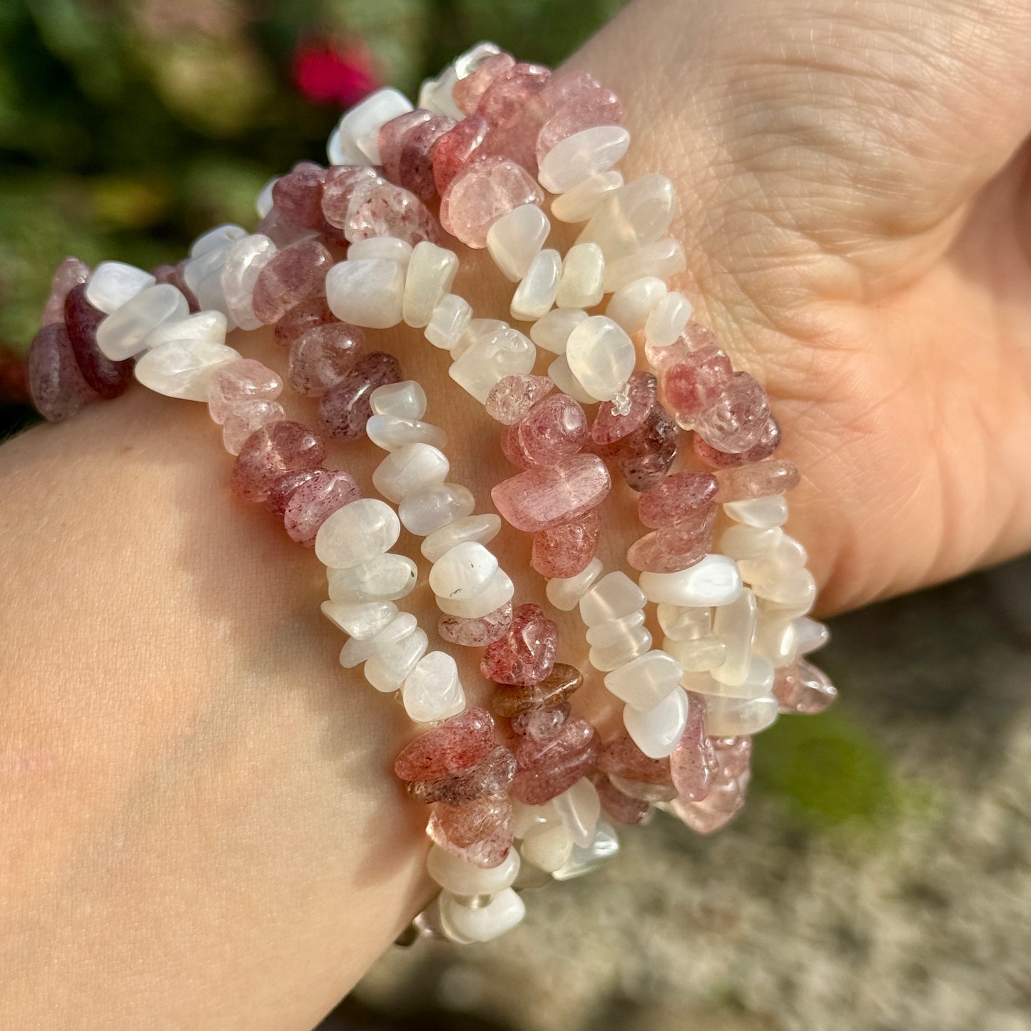 Strawberry Quartz and Moonstone Chip Bracelet