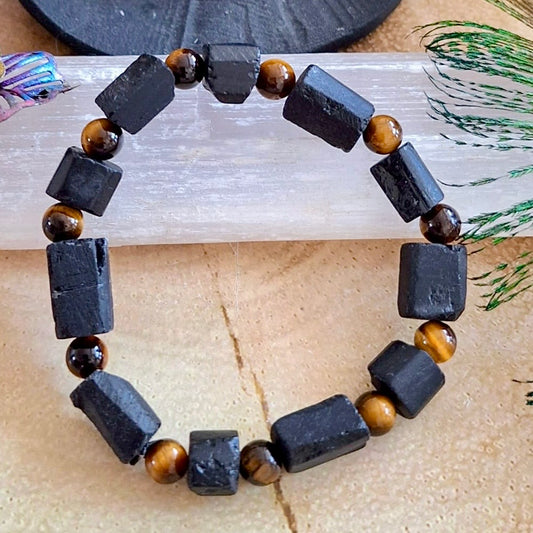 Raw Black Tourmaline and Tigers Eye Beaded Bracelet