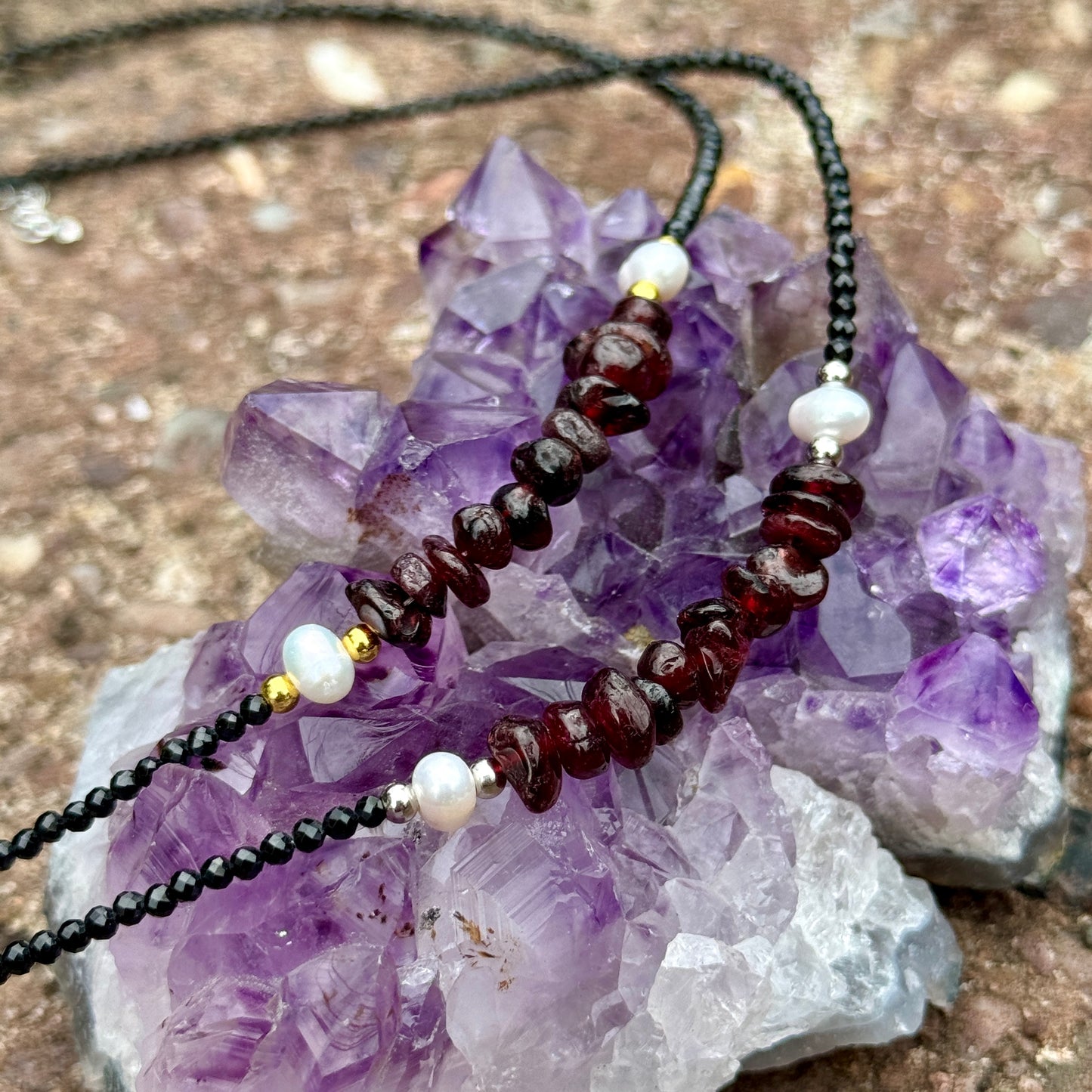 Black Tourmaline and Red Garnet Choker Necklace