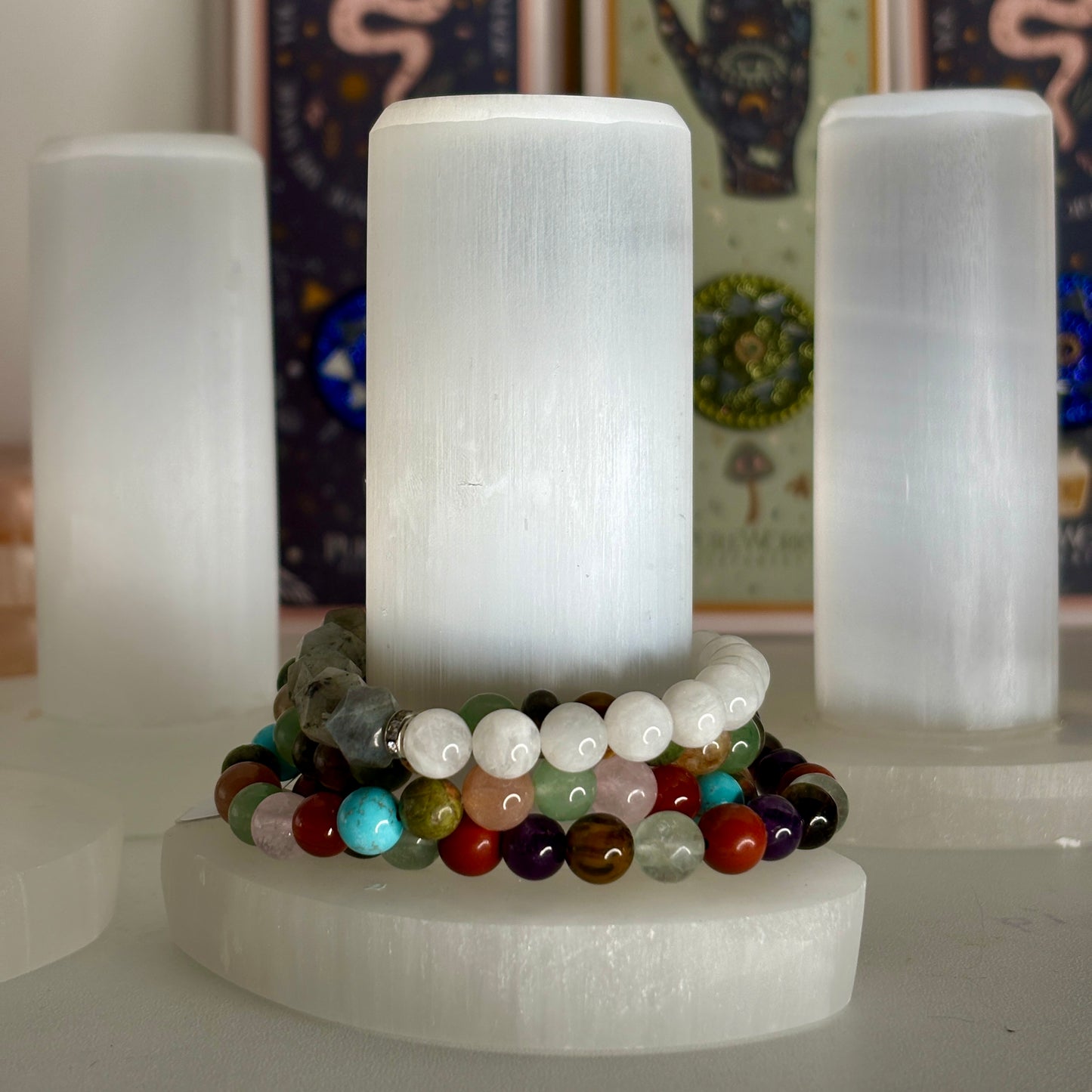 Selenite Bracelet Holder With Heart Shaped Base