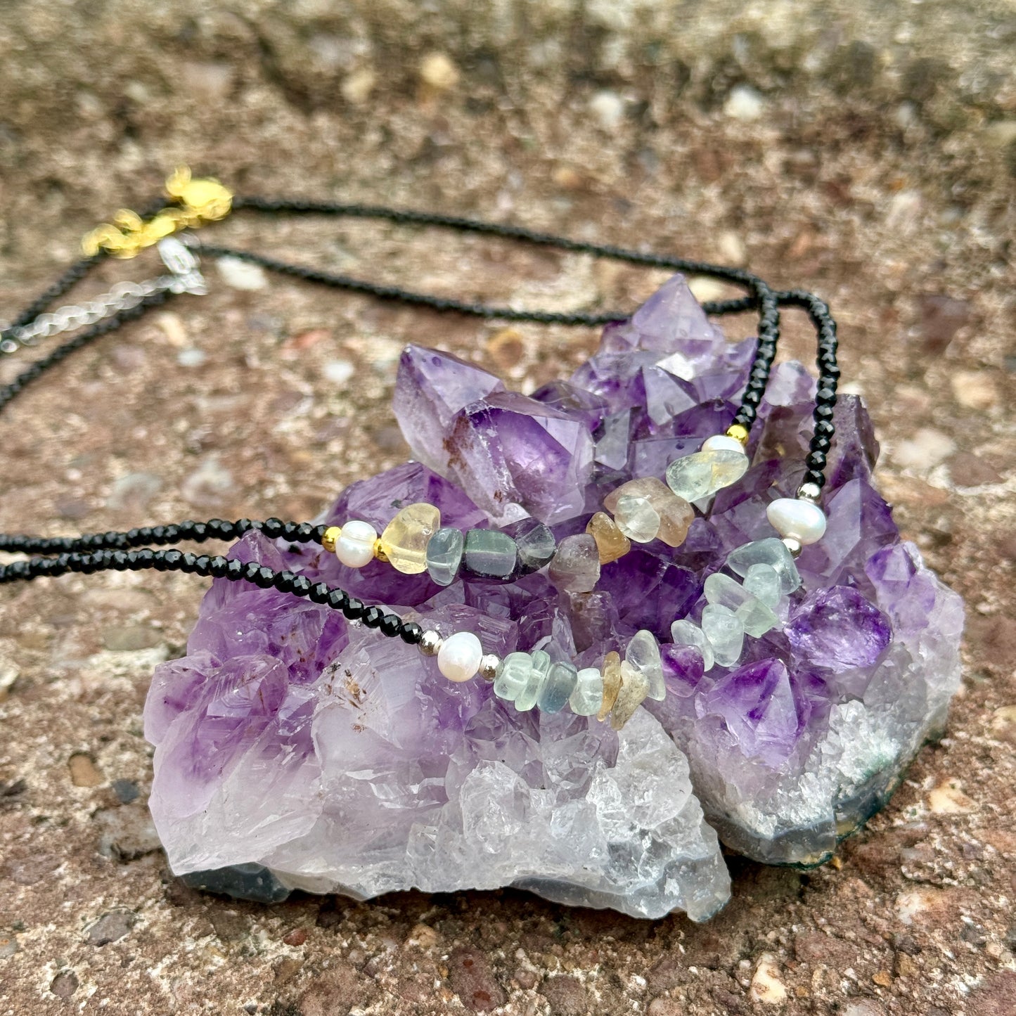 Black Tourmaline and Rainbow Fluorite Choker Necklace