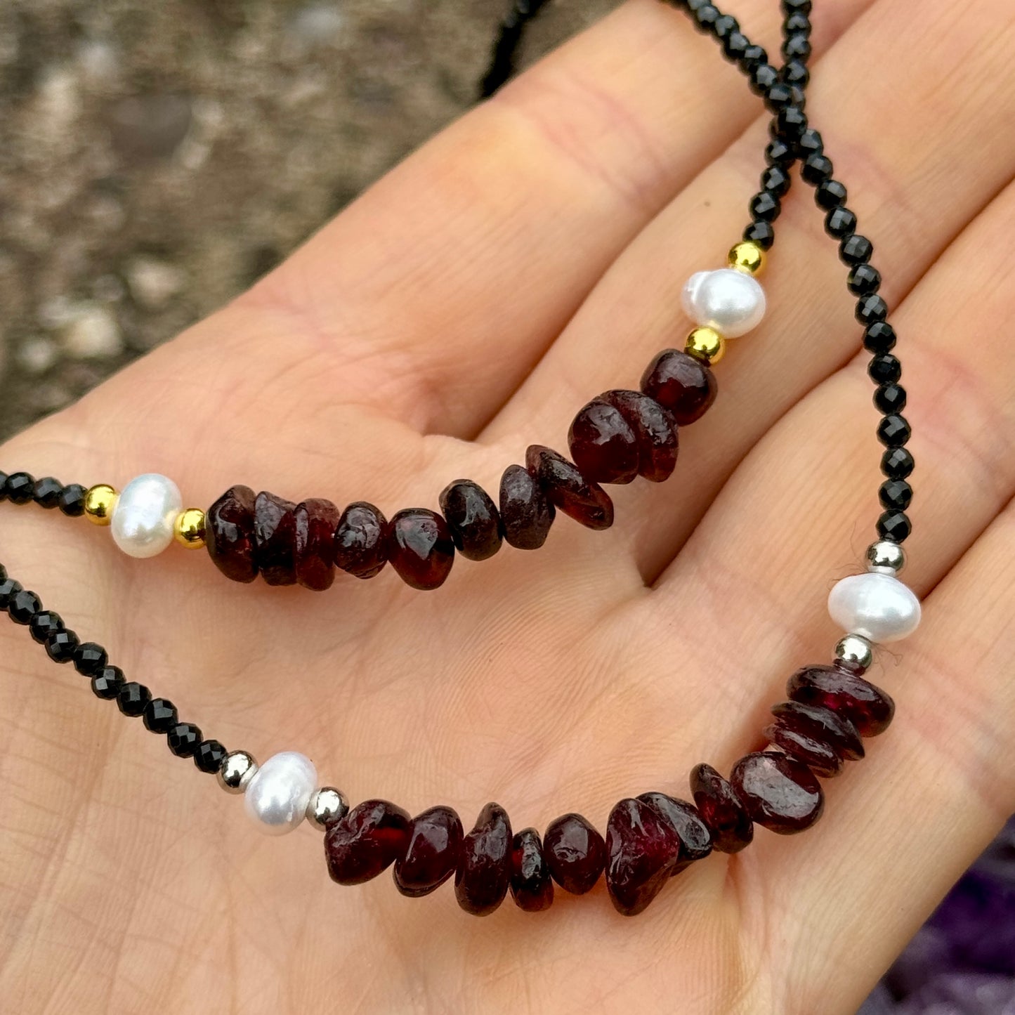 Black Tourmaline and Red Garnet Choker Necklace
