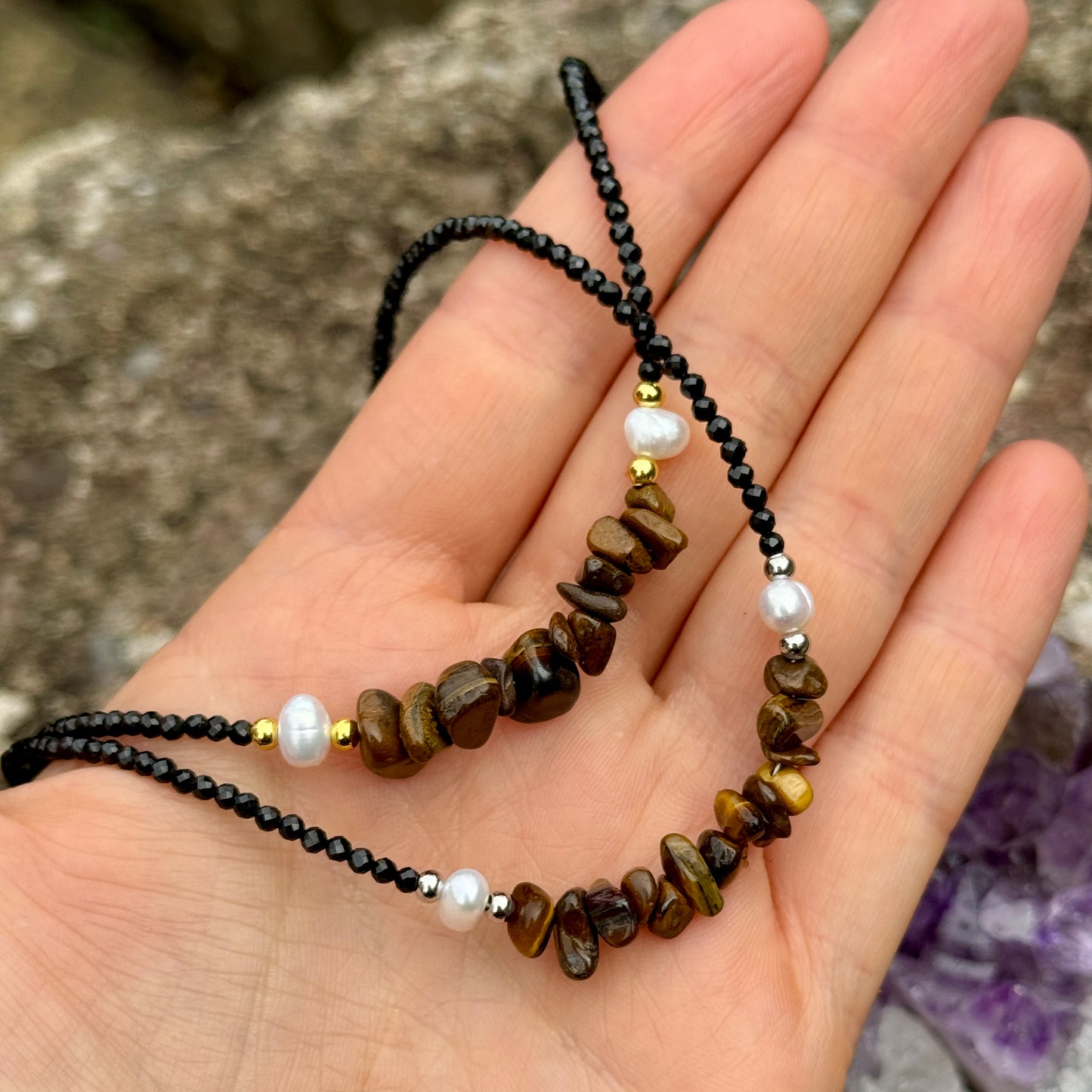 Black Tourmaline and Tigers Eye Choker Necklace