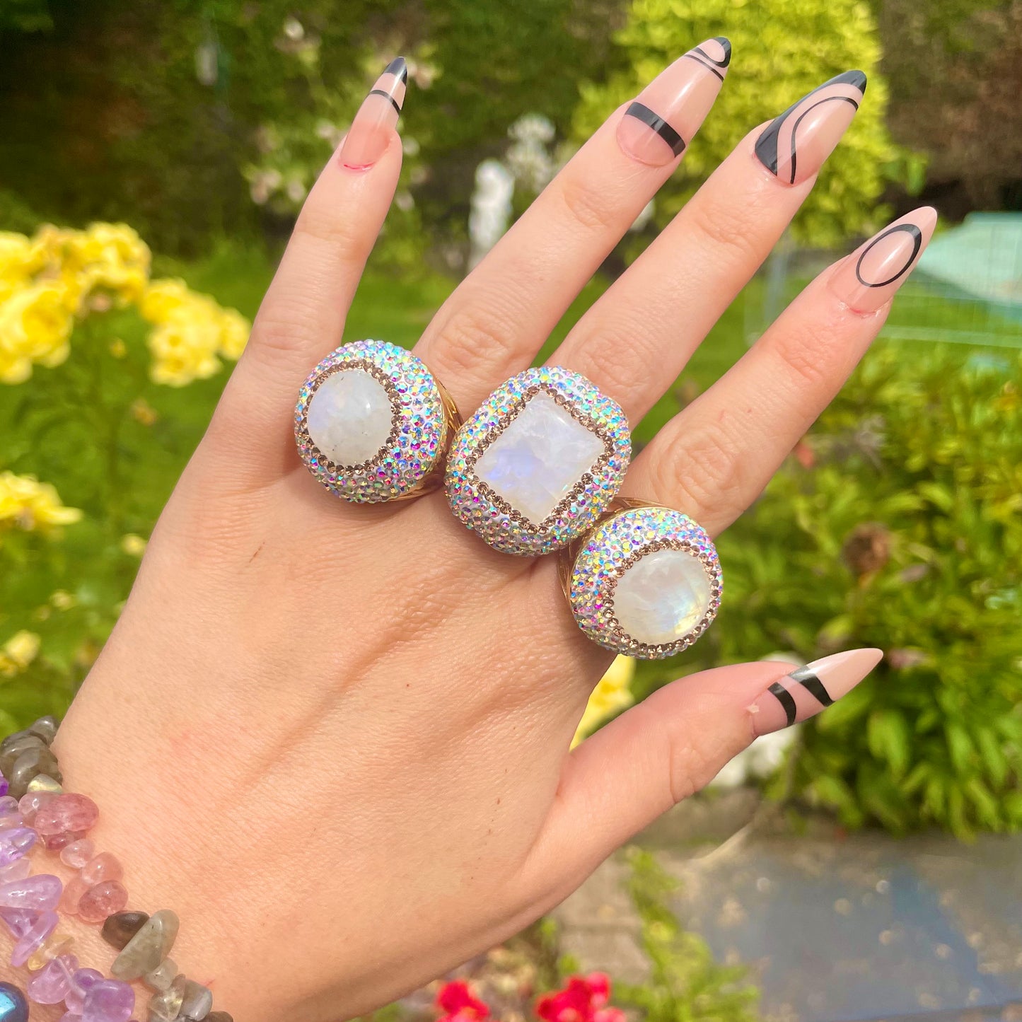 Moonstone Diamanté Embellished Bling Rings