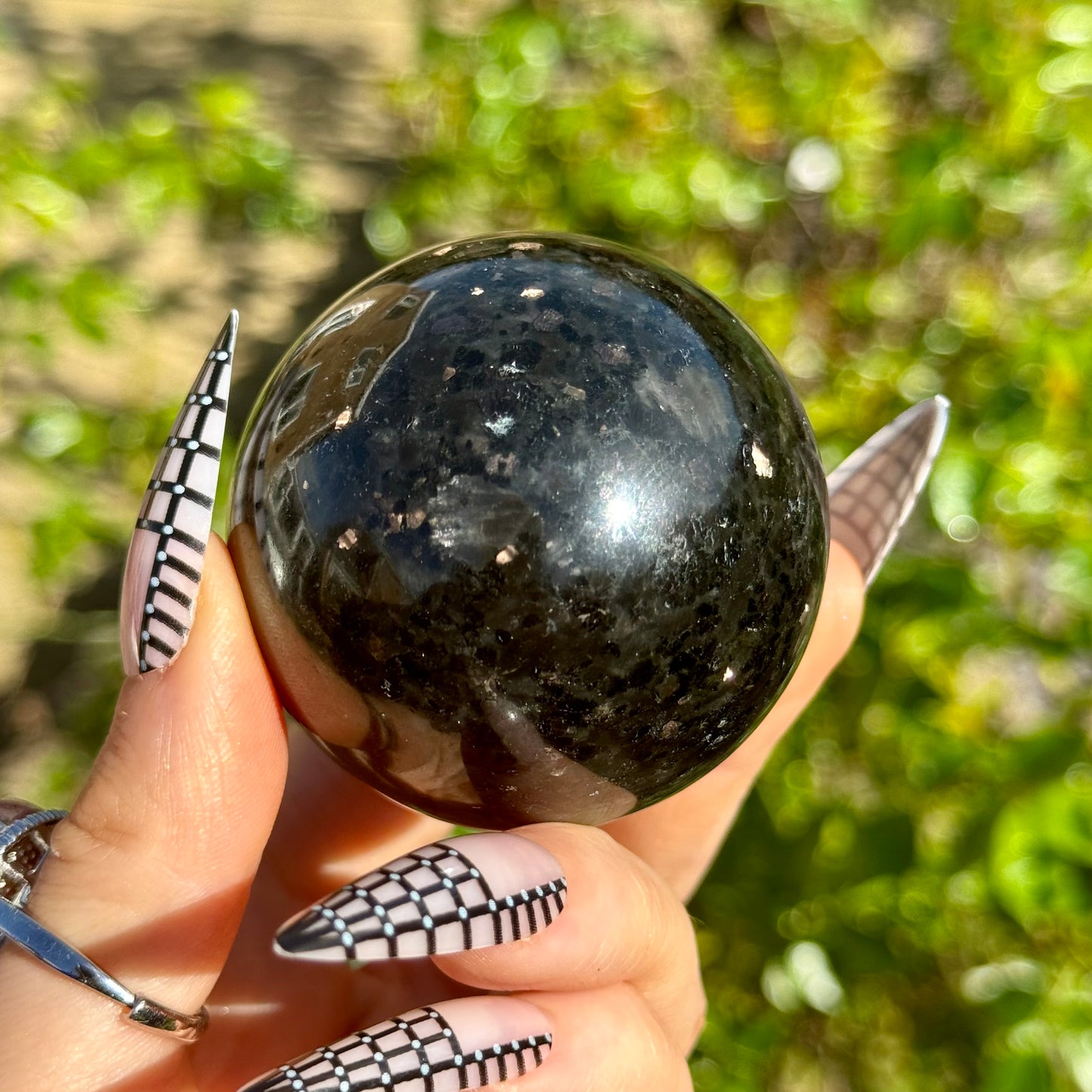Coppernite (Indian Nuummite) 50mm Spheres With Gold Stand