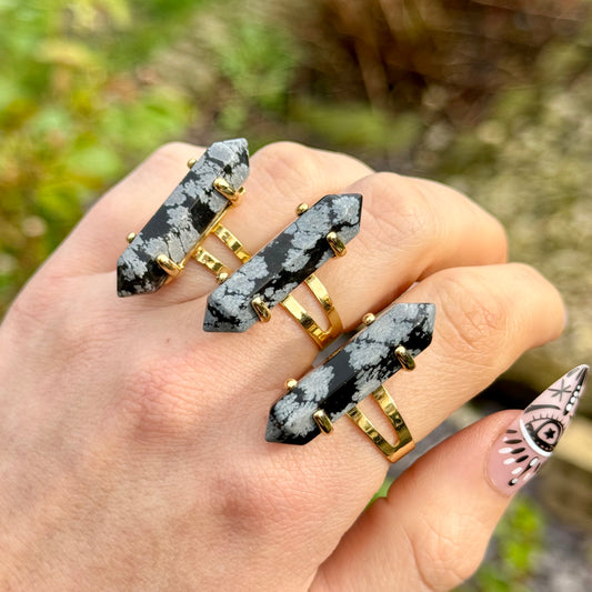 Snowflake Obsidian Double Terminated Gold Plated Ring