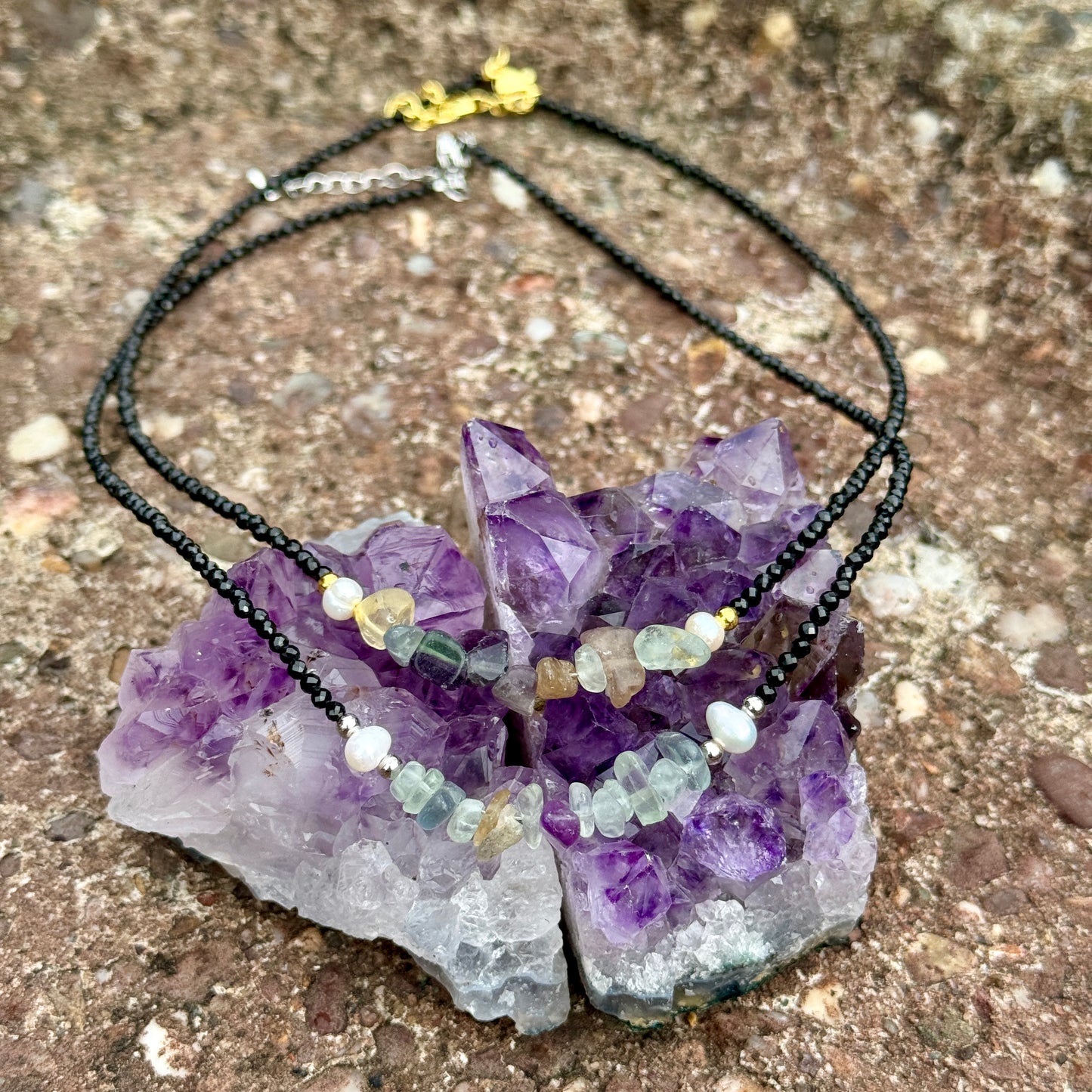 Black Tourmaline and Rainbow Fluorite Choker Necklace