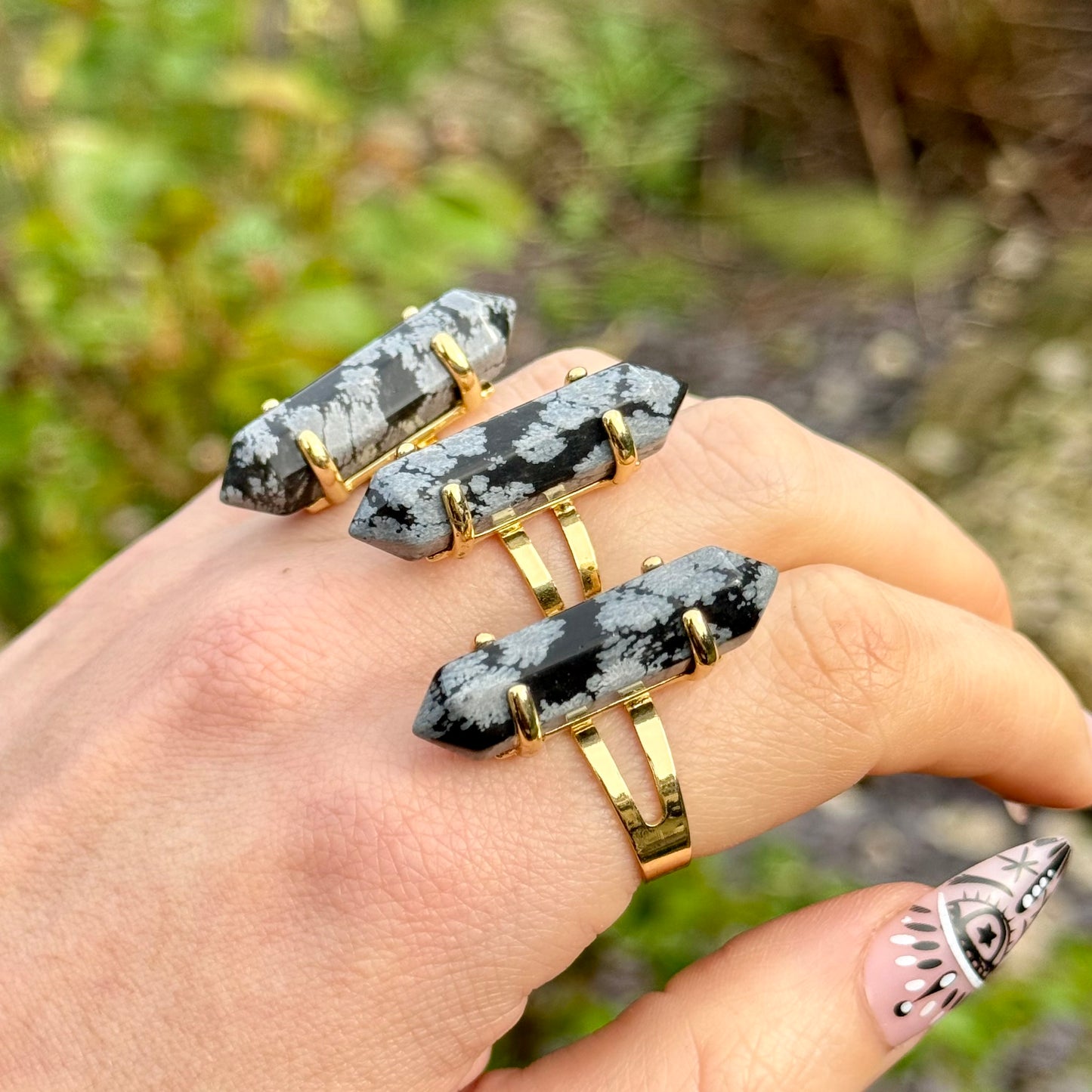 Snowflake Obsidian Double Terminated Gold Plated Ring