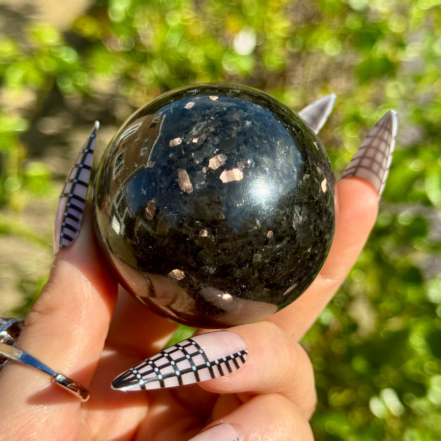 Coppernite (Indian Nuummite) 50mm Spheres With Gold Stand