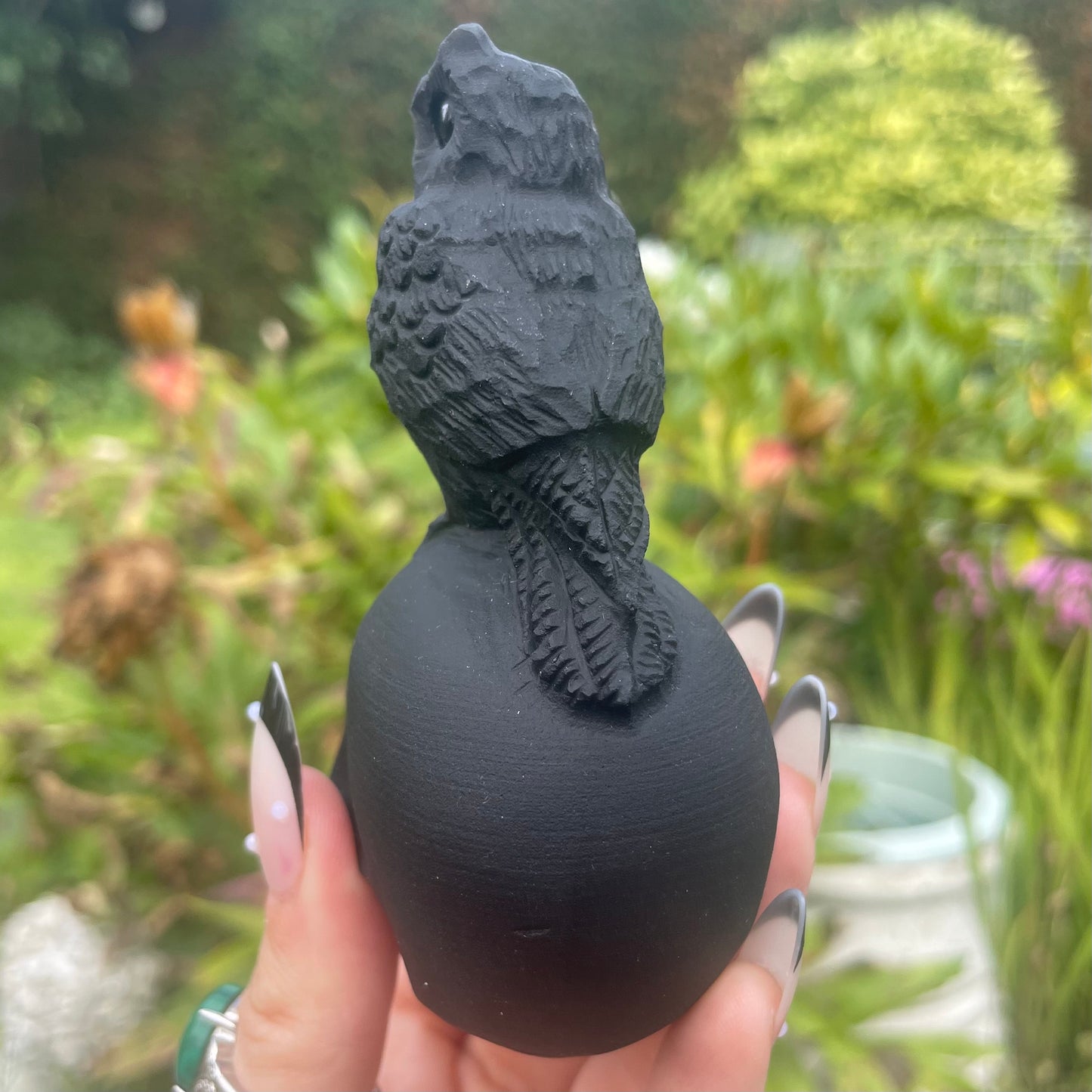 Black Obsidian Skull with Owl Ornament 🦉🖤💀
