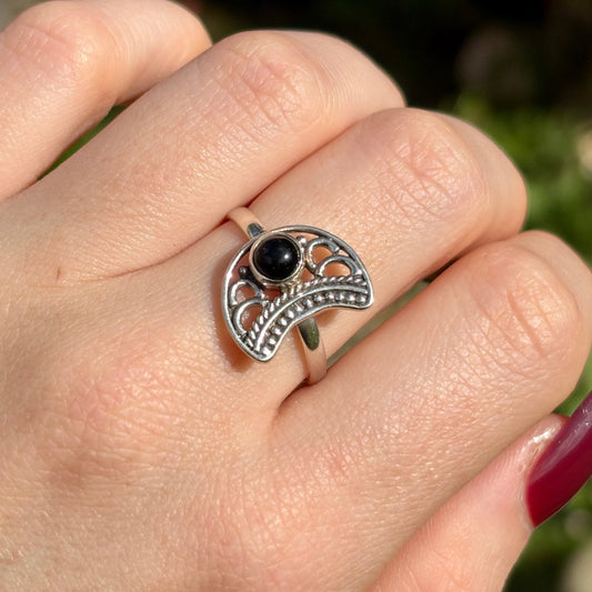 Black Onyx 925 Silver Moon Ring (SIZE S) - Dark Femme Collection