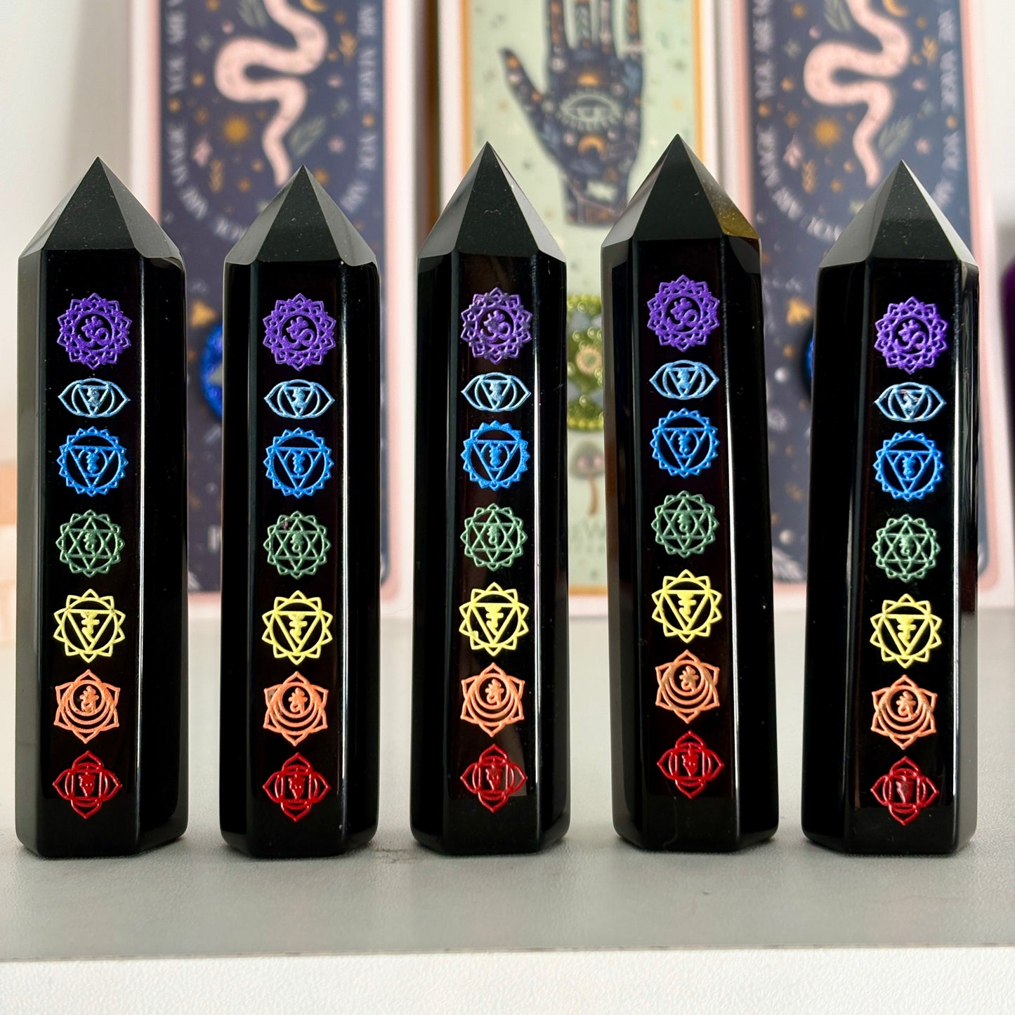 Black Obsidian Chakra Engraved Towers 9-10cm