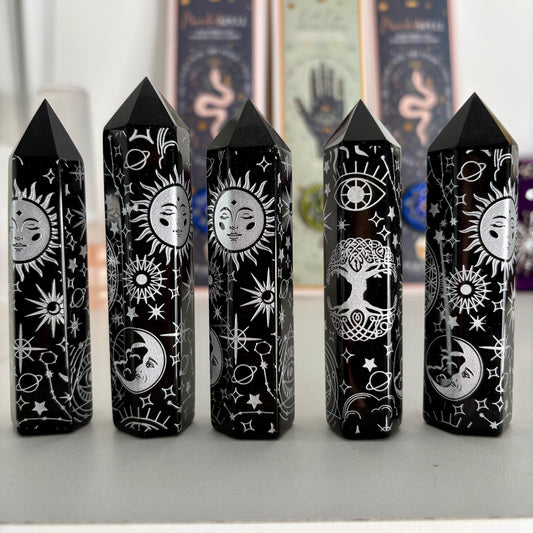 Black Obsidian Celestial Engraved Towers 10cm