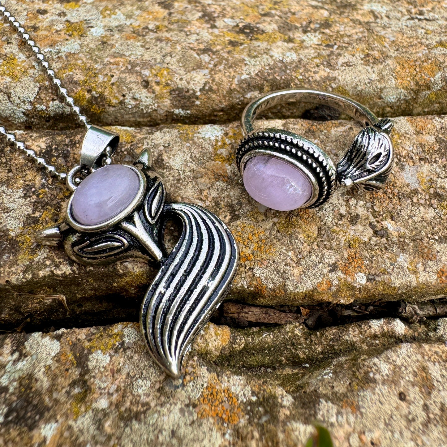 Kunzite Fox Pendant & Ring Set