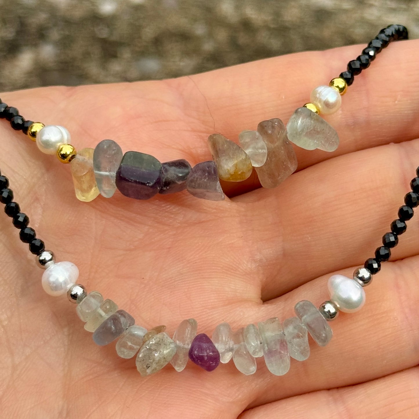 Black Tourmaline and Rainbow Fluorite Choker Necklace
