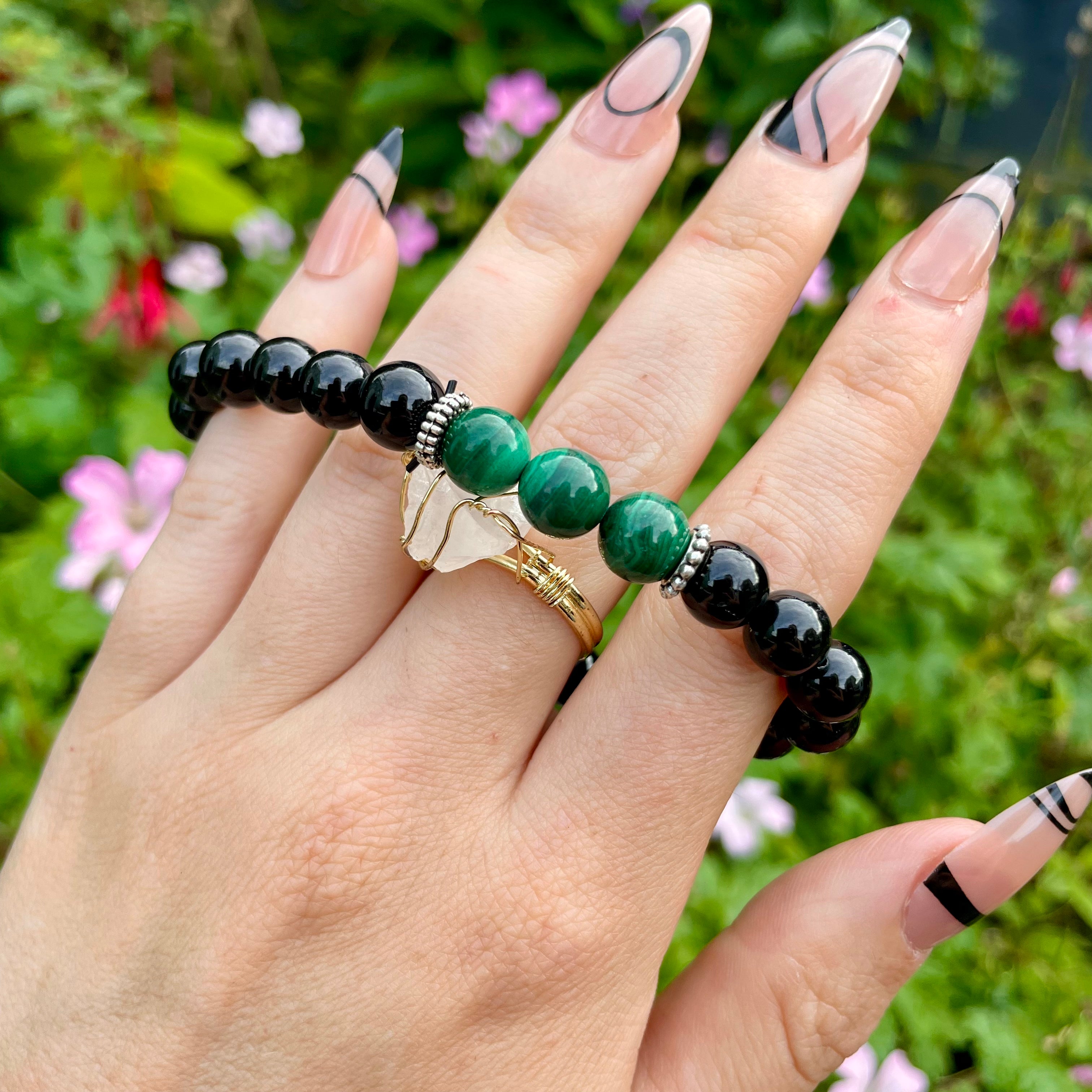 Black Tourmaline Malachite Beaded Bracelet White Witch of The Moon