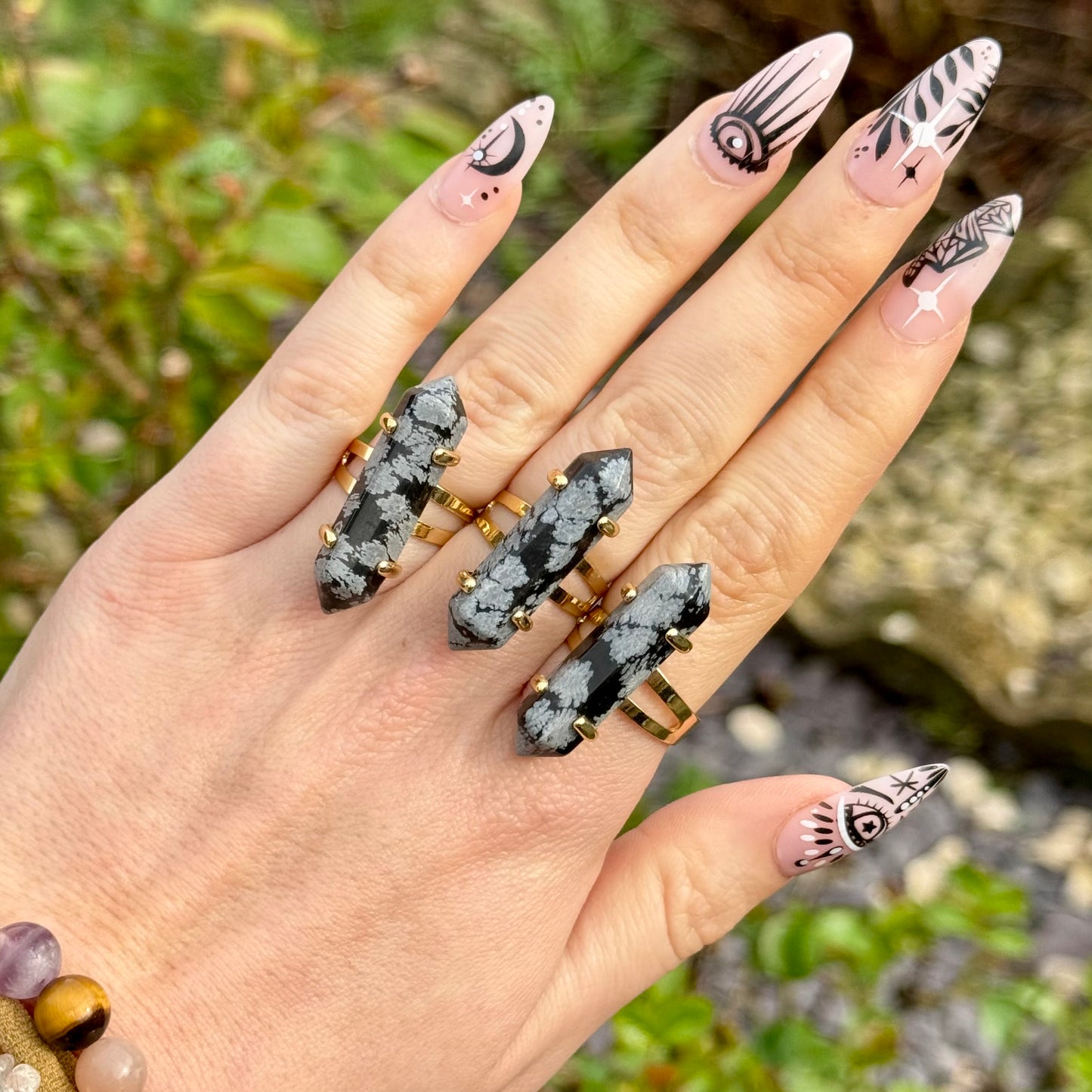 Snowflake Obsidian Double Terminated Gold Plated Ring