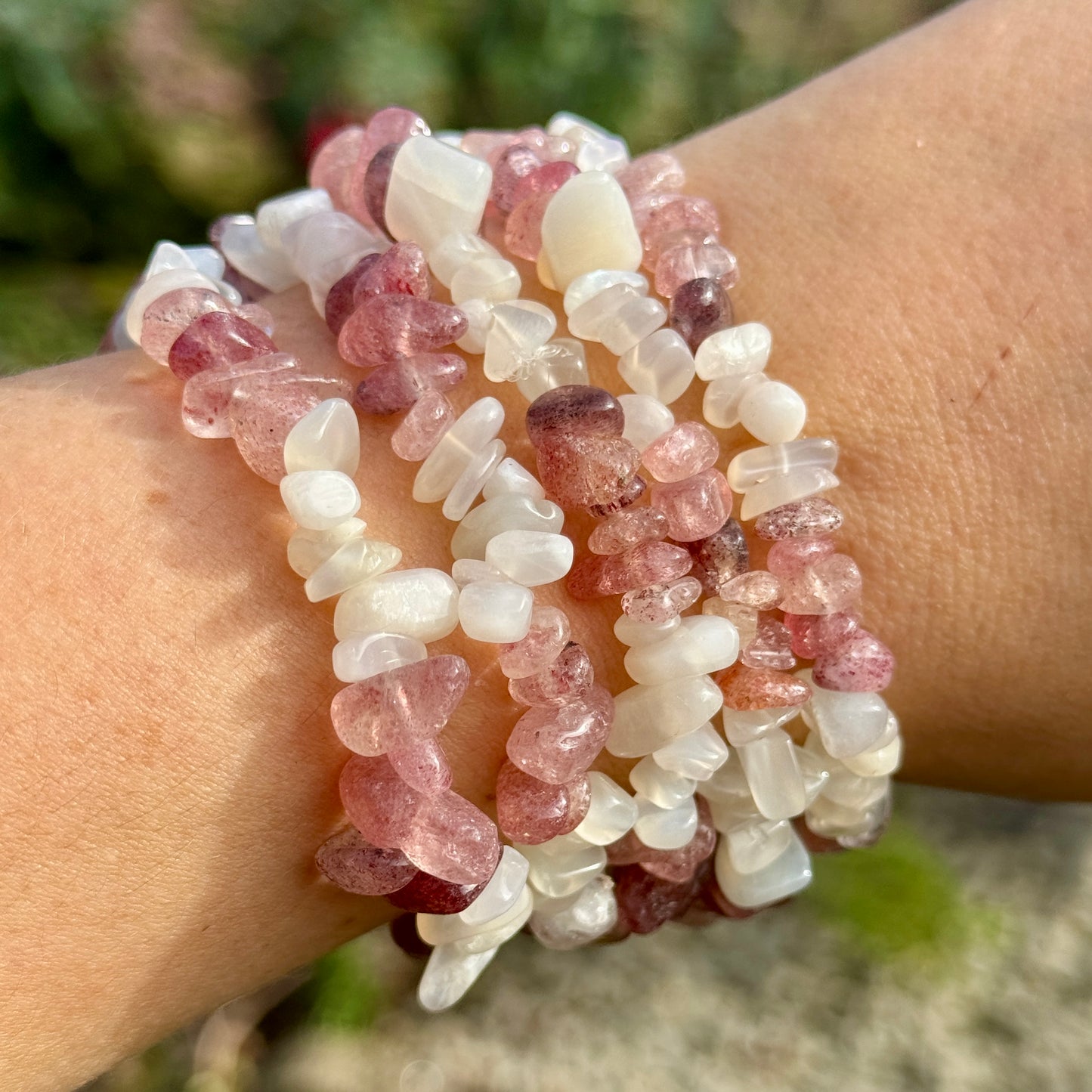 Strawberry Quartz and Moonstone Chip Bracelet