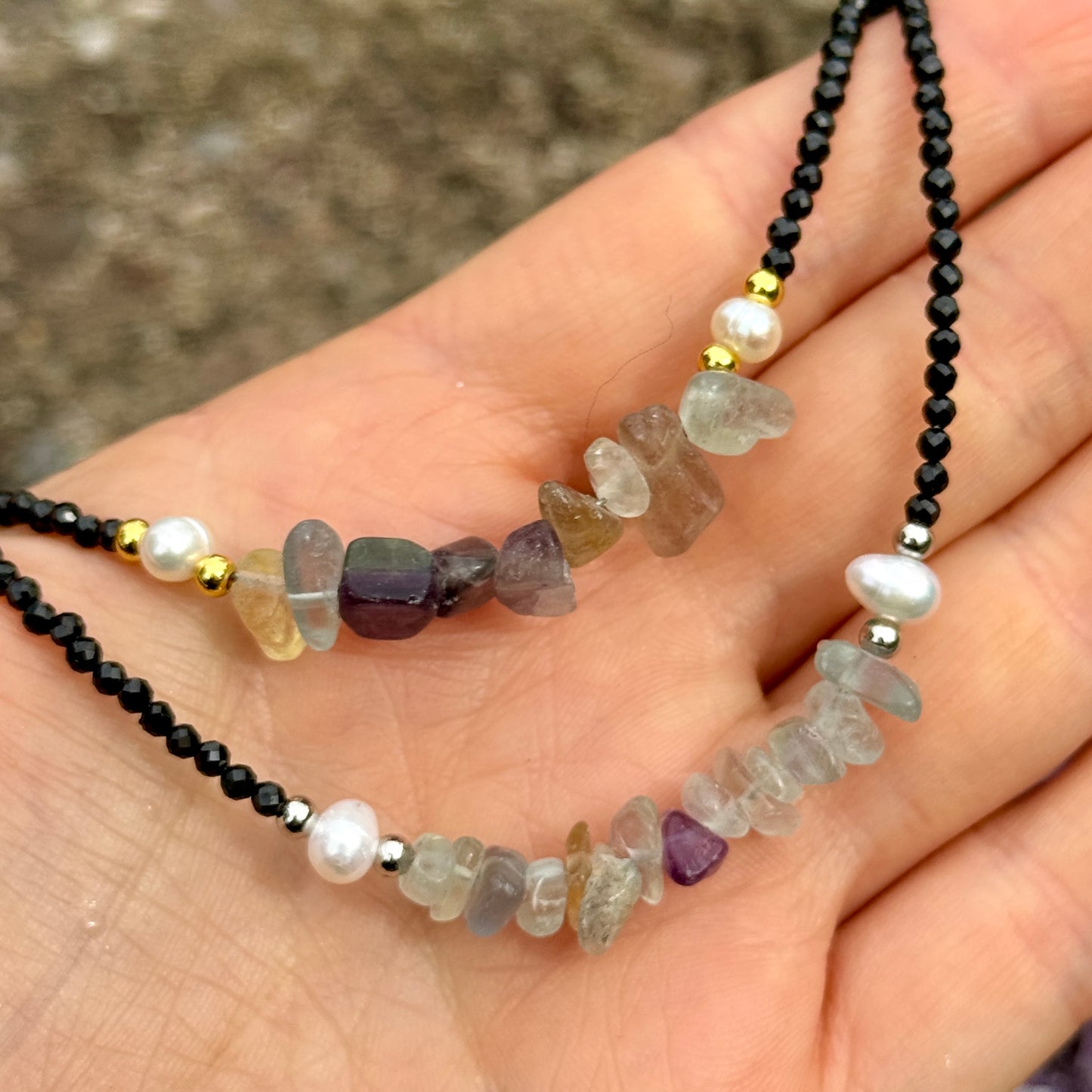Black Tourmaline and Rainbow Fluorite Choker Necklace