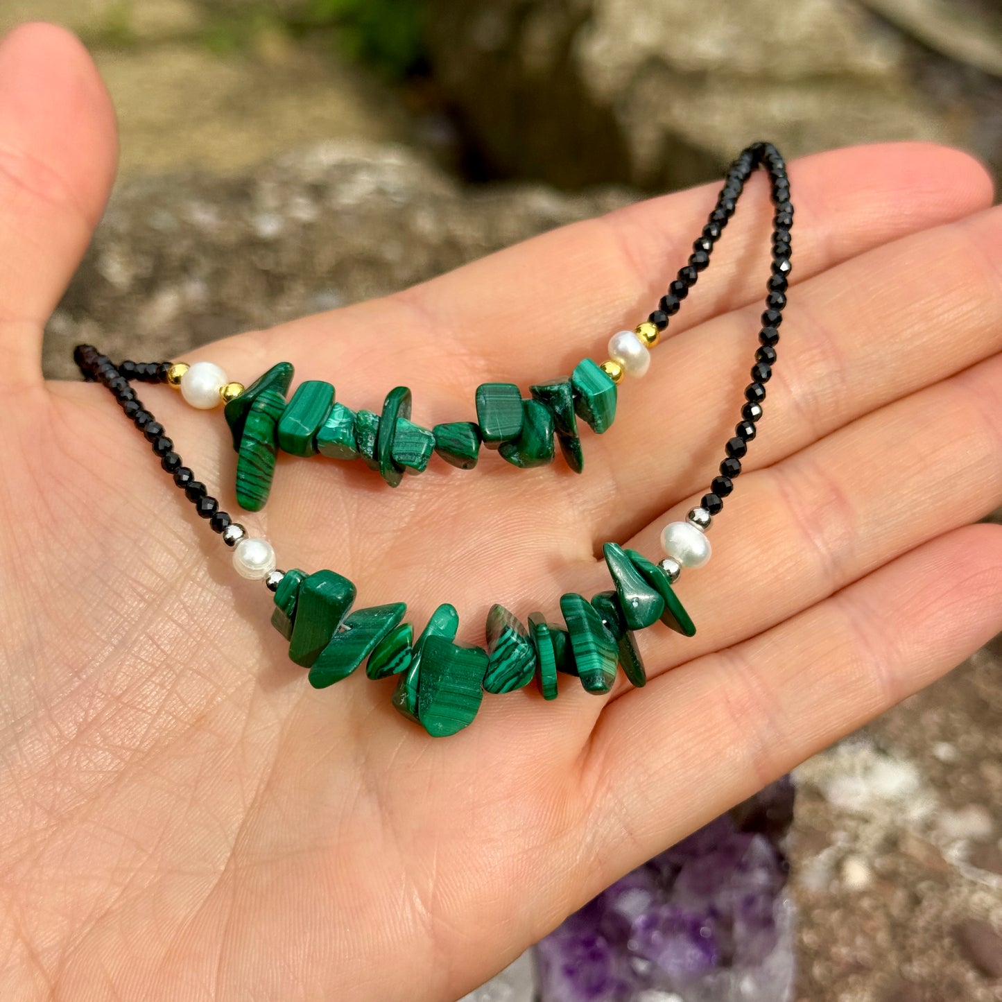 Black Tourmaline and Malachite Choker Necklace