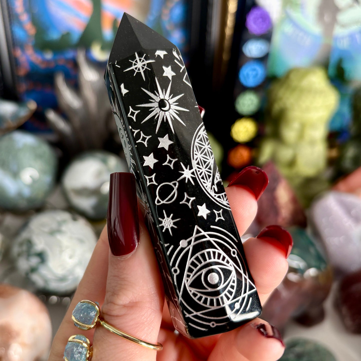 Black Obsidian Celestial Engraved Towers 10cm