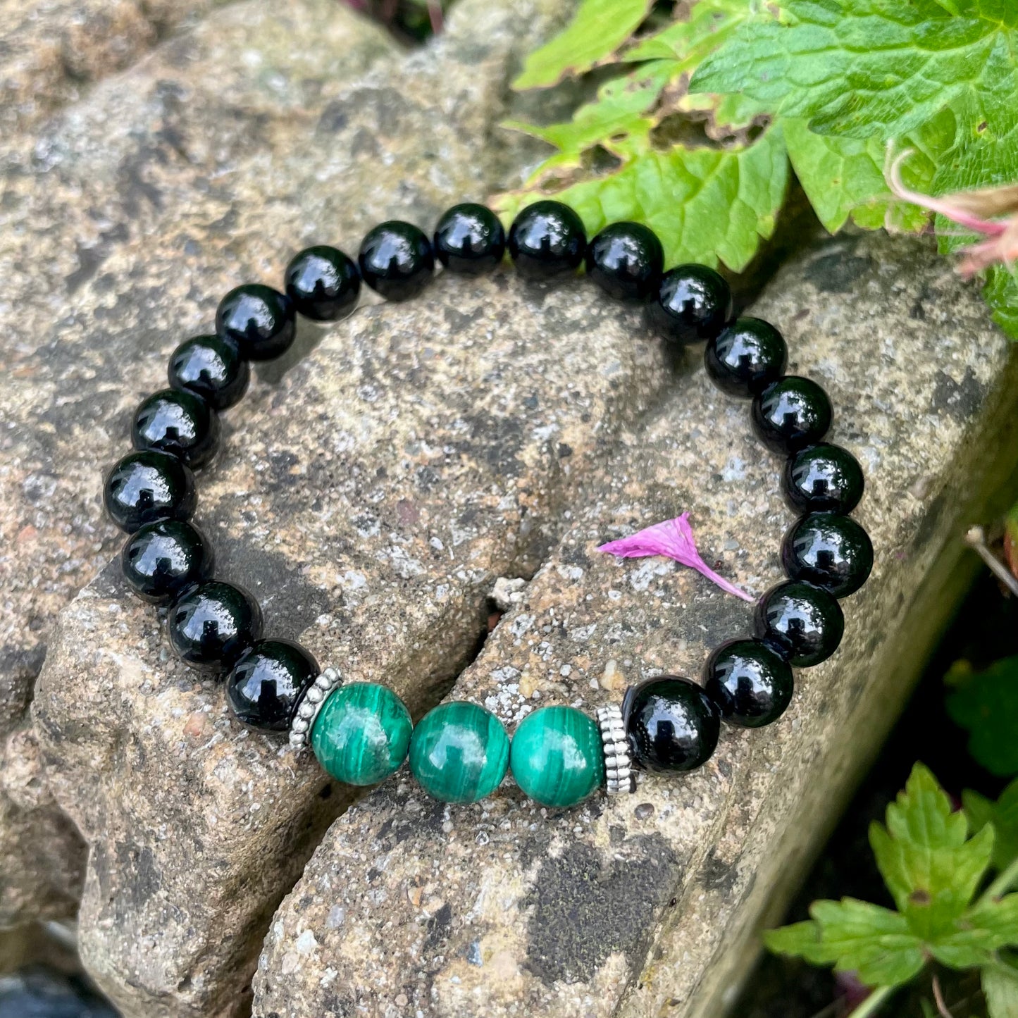 Black Tourmaline & Malachite Beaded Bracelet