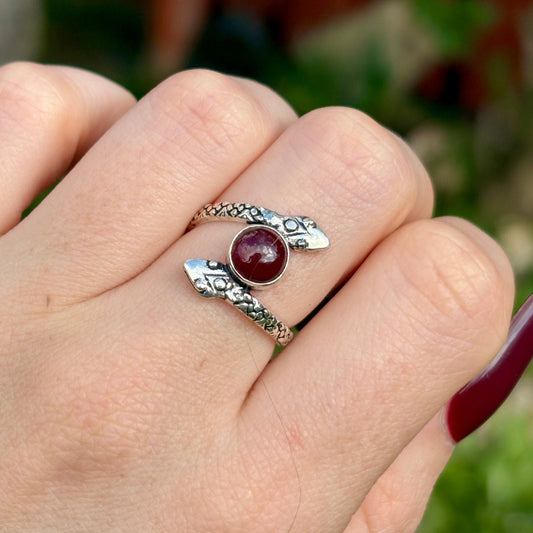Red Garnet 925 Silver Snake Ring (SIZE N/O) - Dark Femme Collection