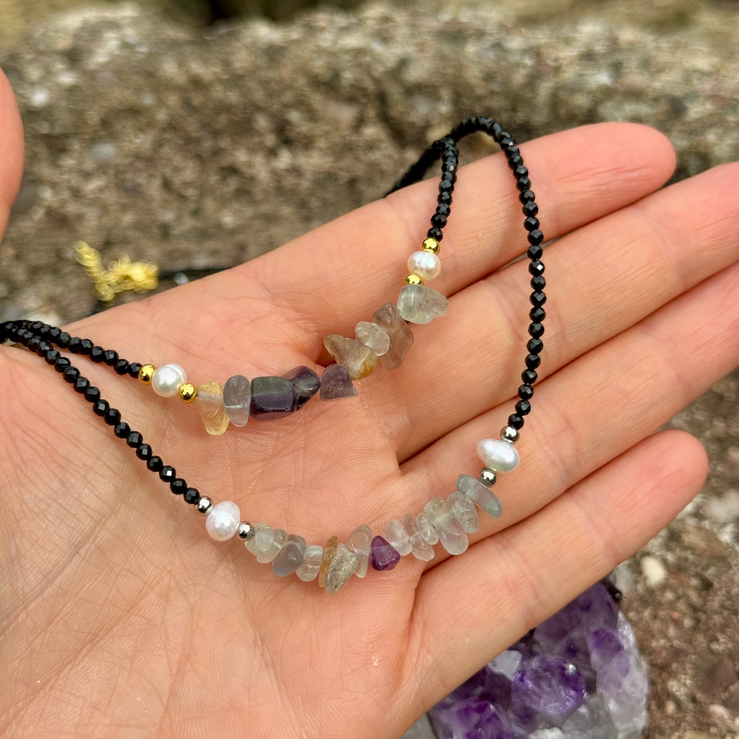 Black Tourmaline and Rainbow Fluorite Choker Necklace