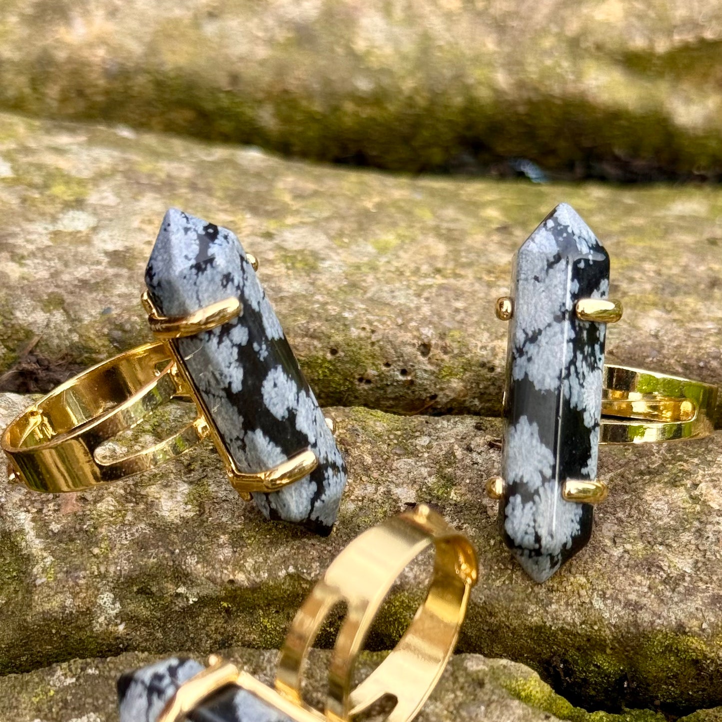 Snowflake Obsidian Double Terminated Gold Plated Ring