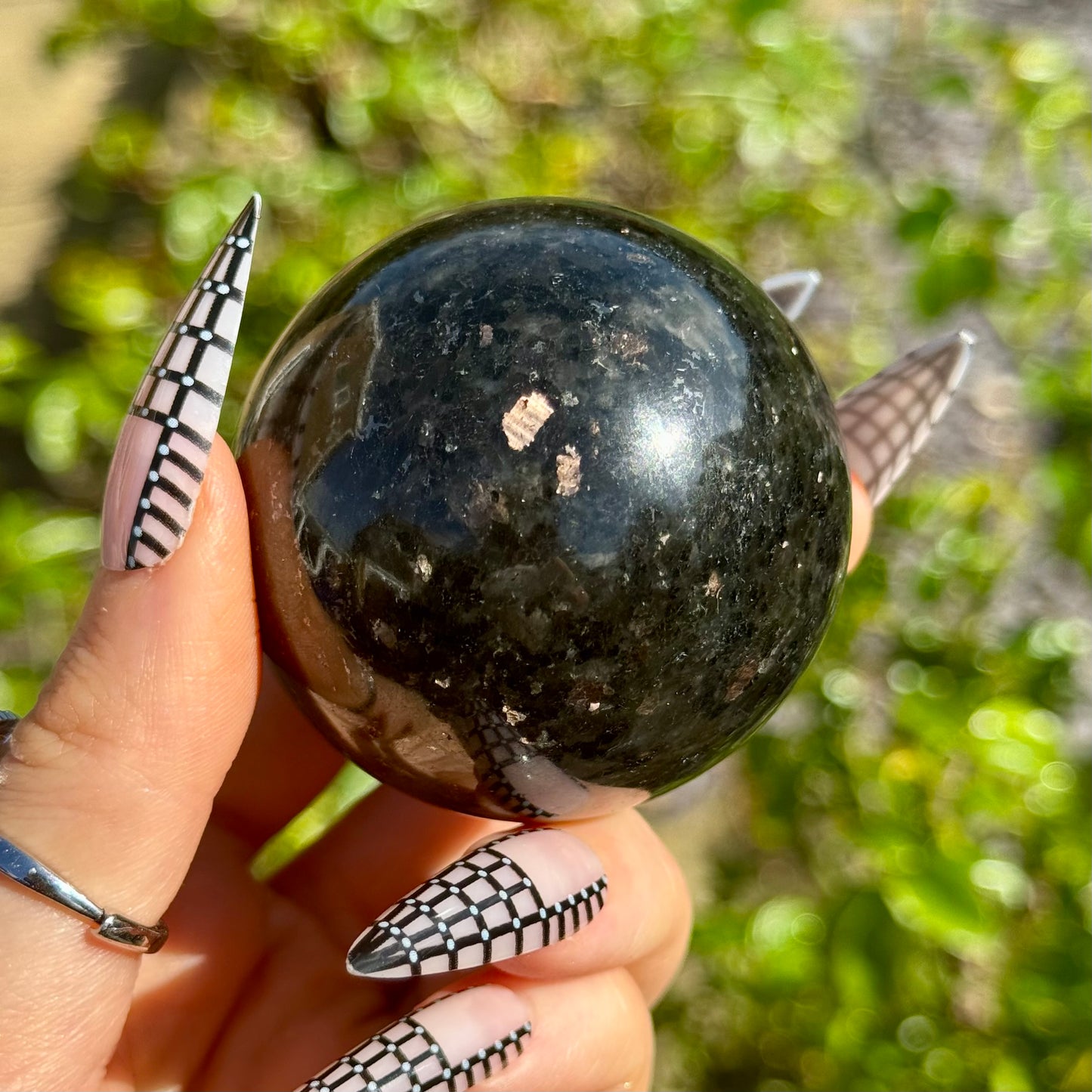 Coppernite (Indian Nuummite) 50mm Spheres With Gold Stand