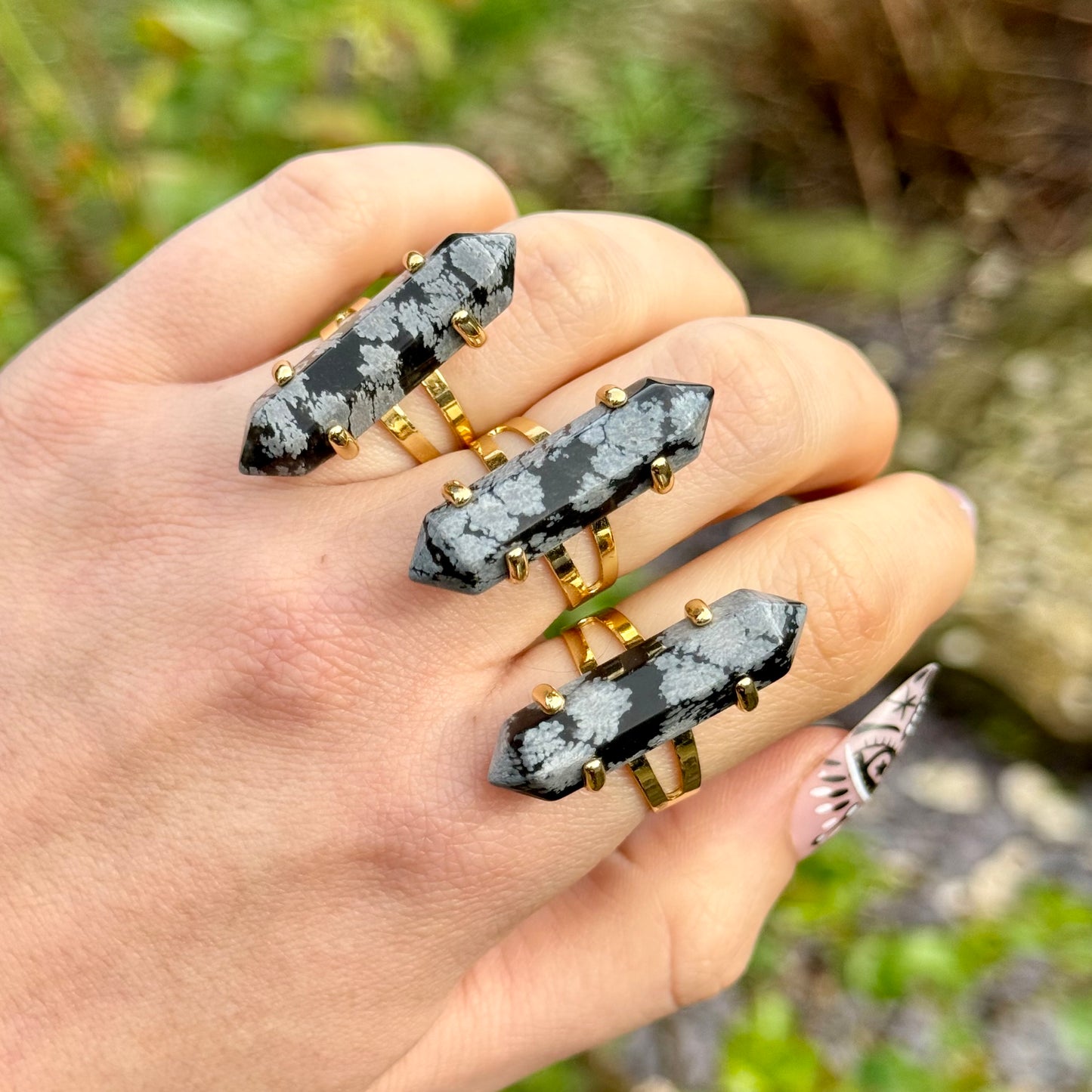Snowflake Obsidian Double Terminated Gold Plated Ring