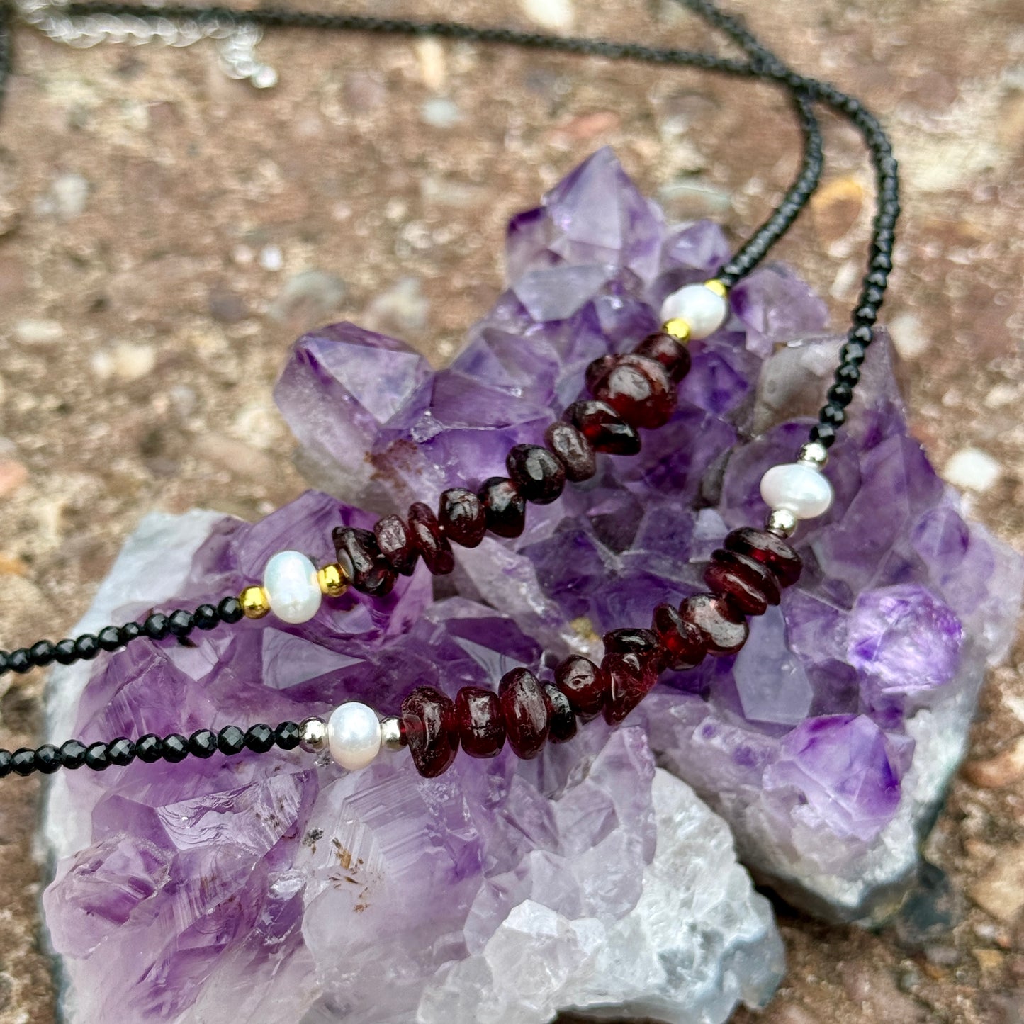 Black Tourmaline and Red Garnet Choker Necklace