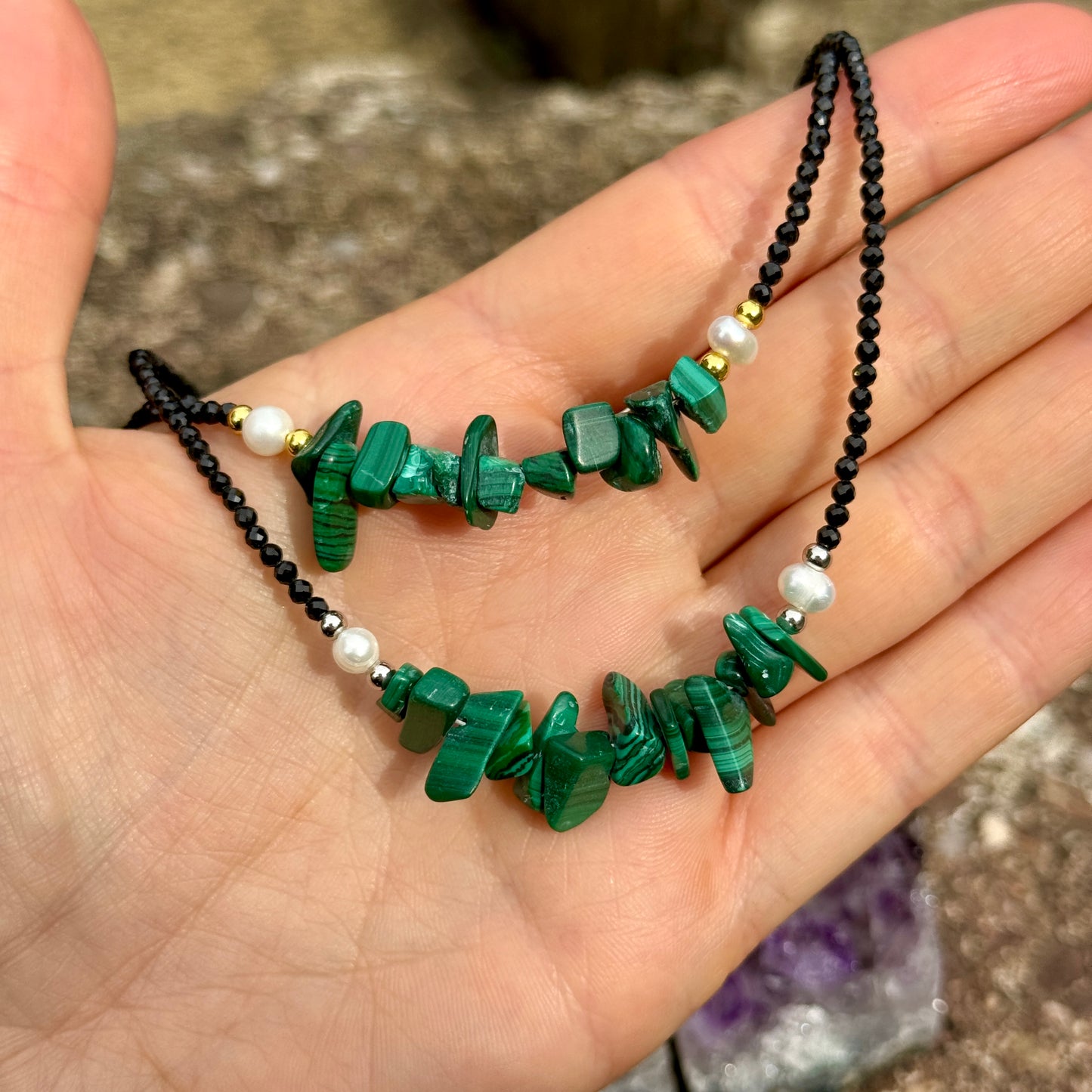 Black Tourmaline and Malachite Choker Necklace