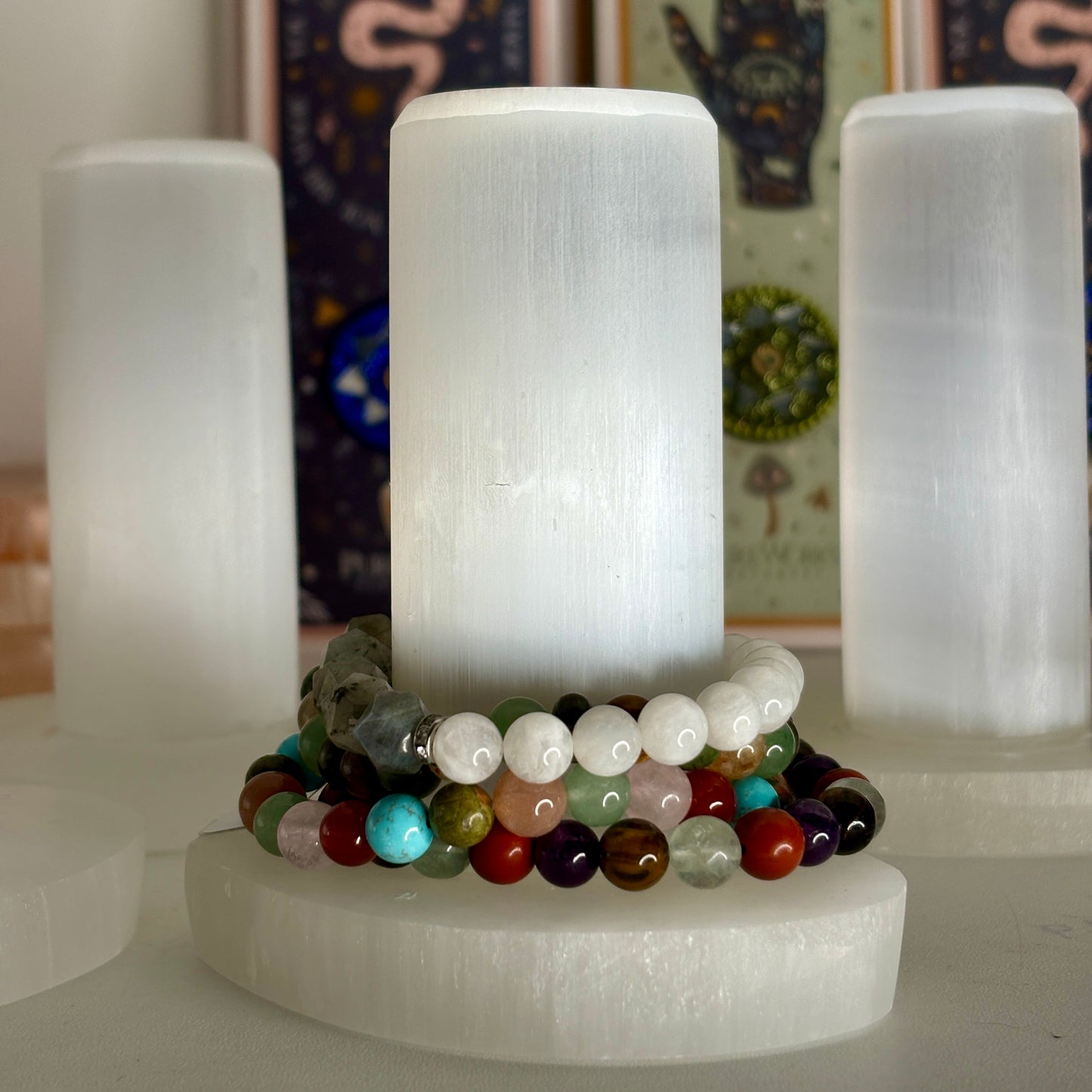 Selenite Bracelet Holder With Heart Shaped Base