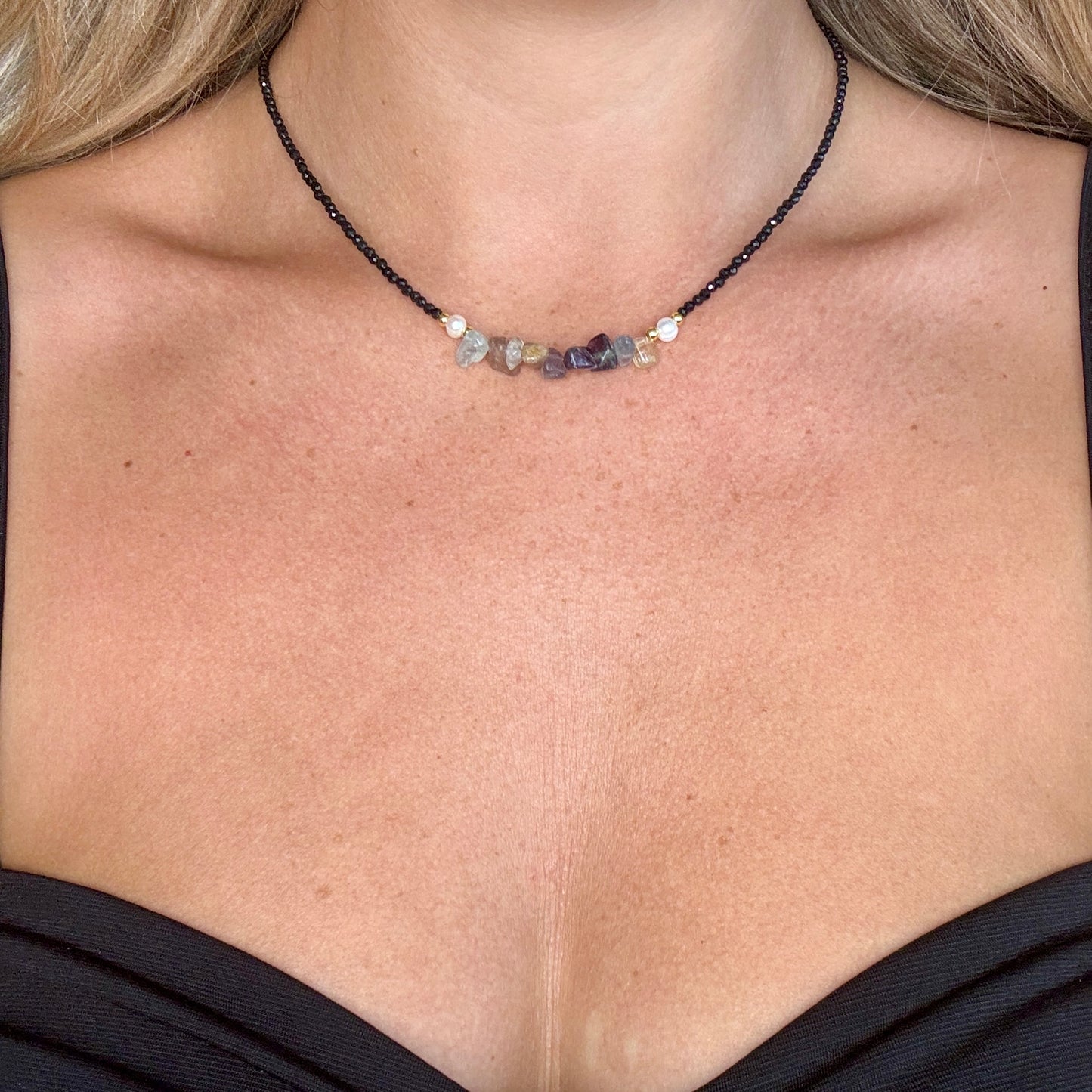 Black Tourmaline and Rainbow Fluorite Choker Necklace