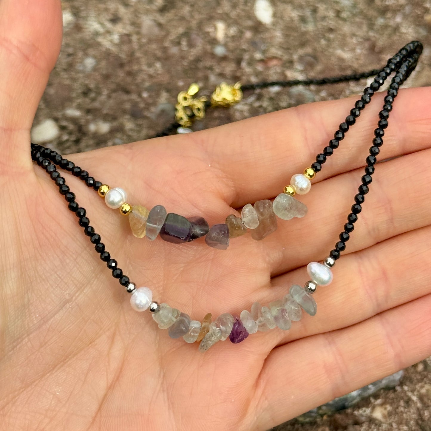 Black Tourmaline and Rainbow Fluorite Choker Necklace