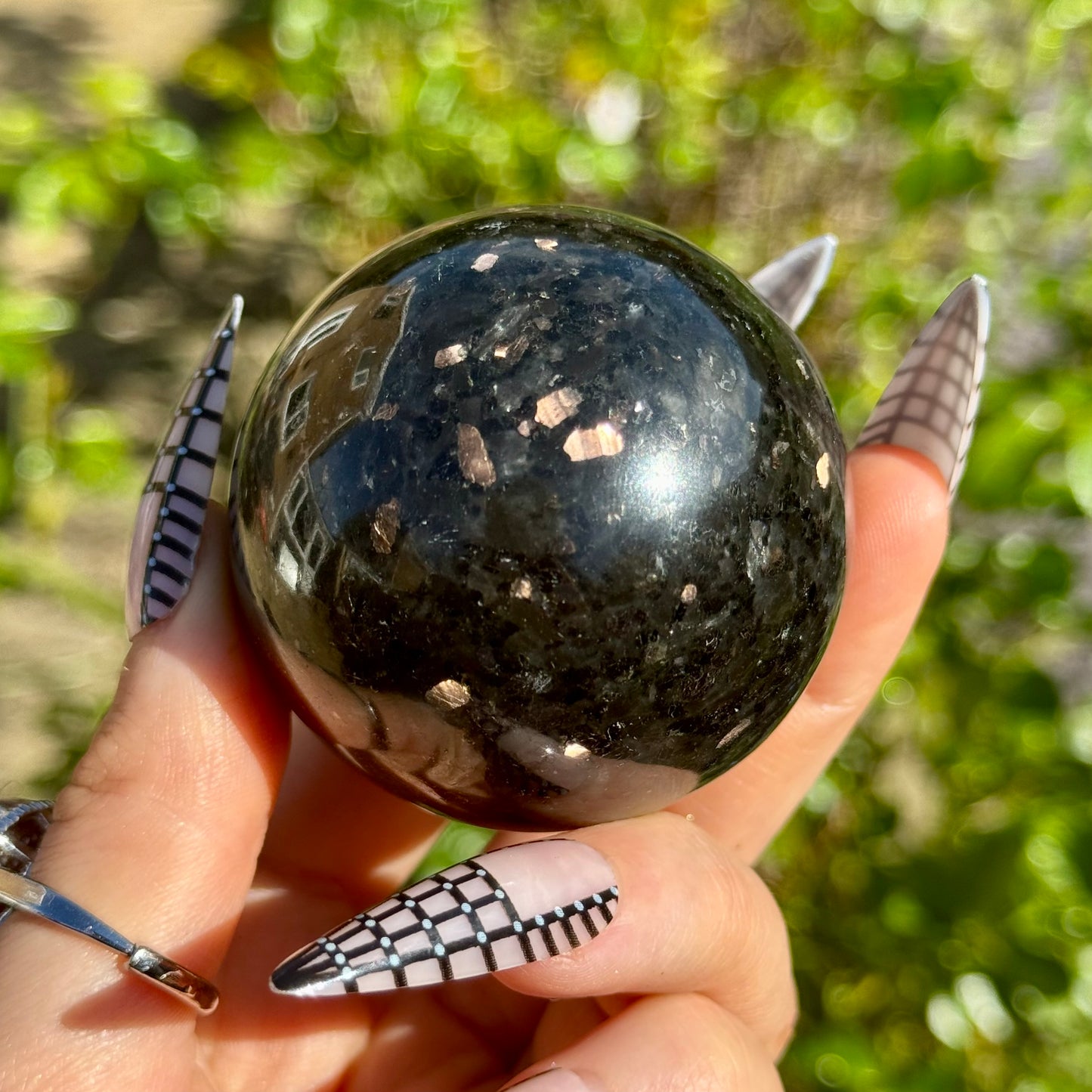 Coppernite (Indian Nuummite) 50mm Spheres With Gold Stand