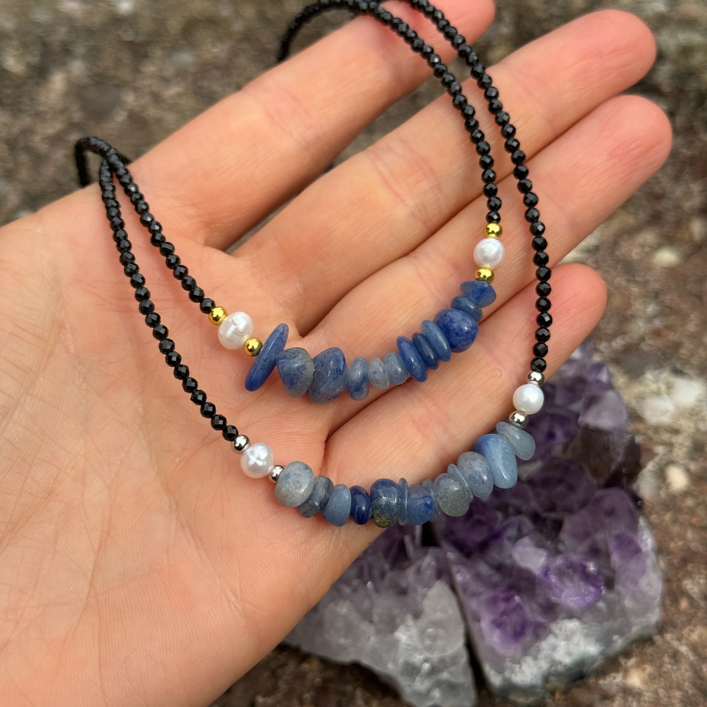 Black Tourmaline and Blue Aventurine Choker Necklace