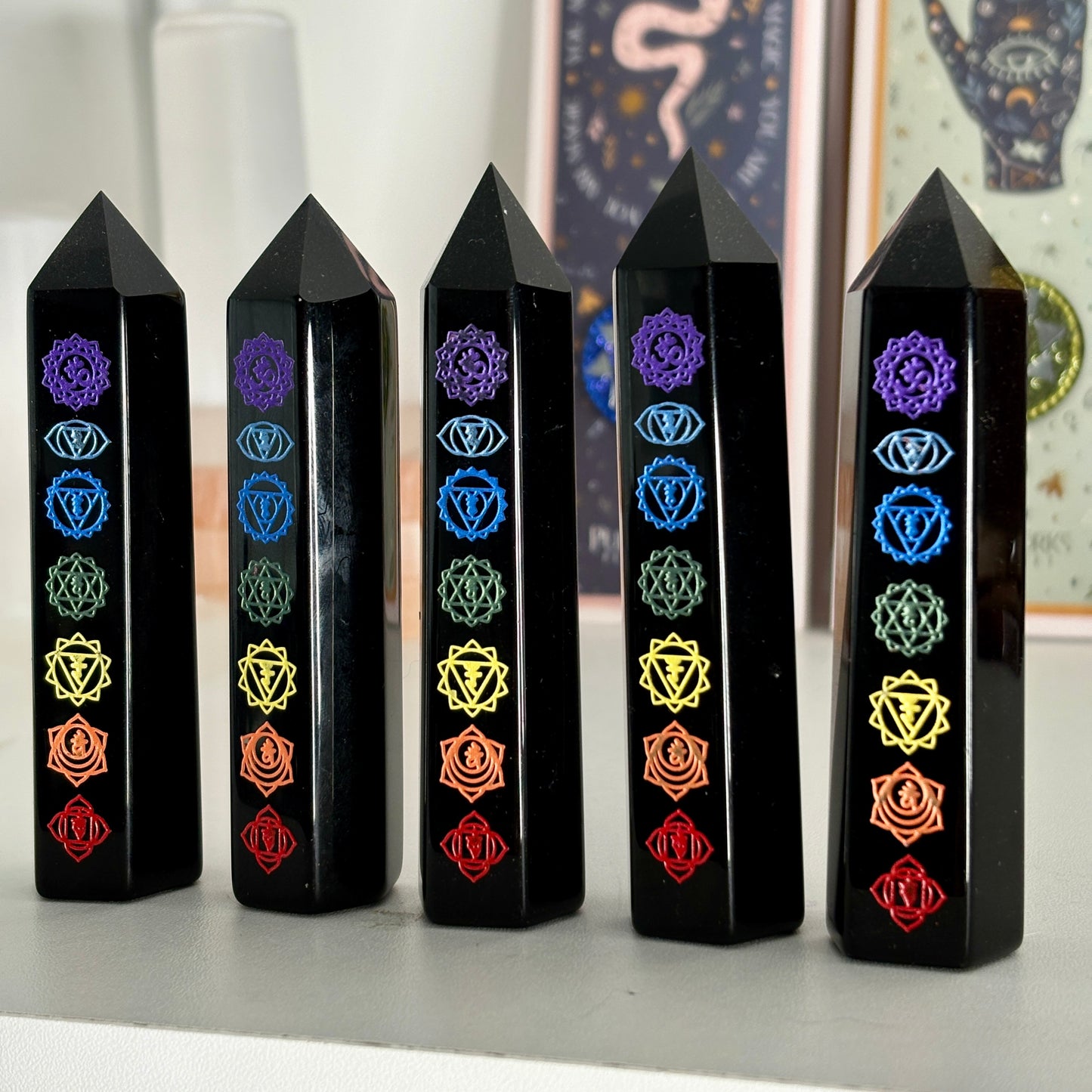 Black Obsidian Chakra Engraved Towers 9-10cm