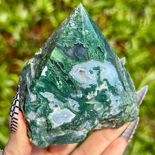 Green Moss Agate Half Polished Point 363g