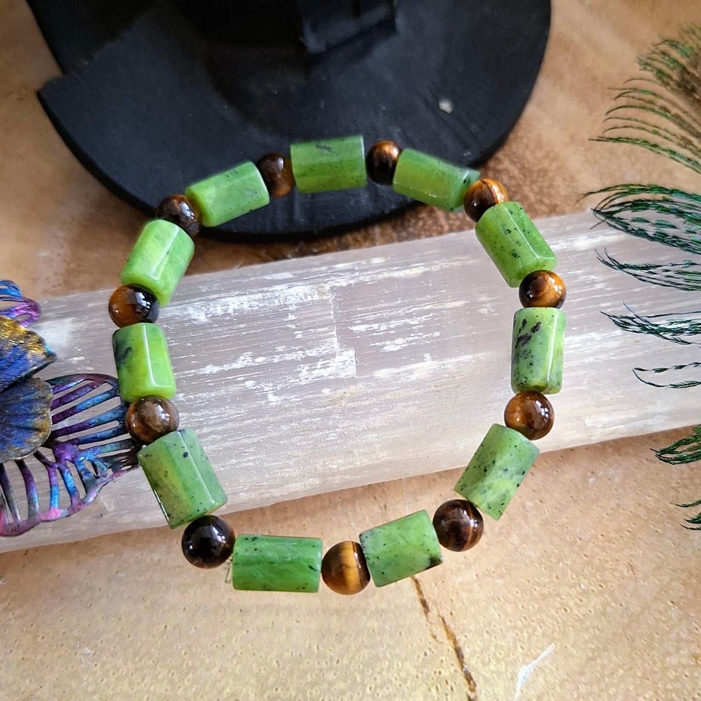 Nephrite Jade and Tigers Eye Beaded Bracelet