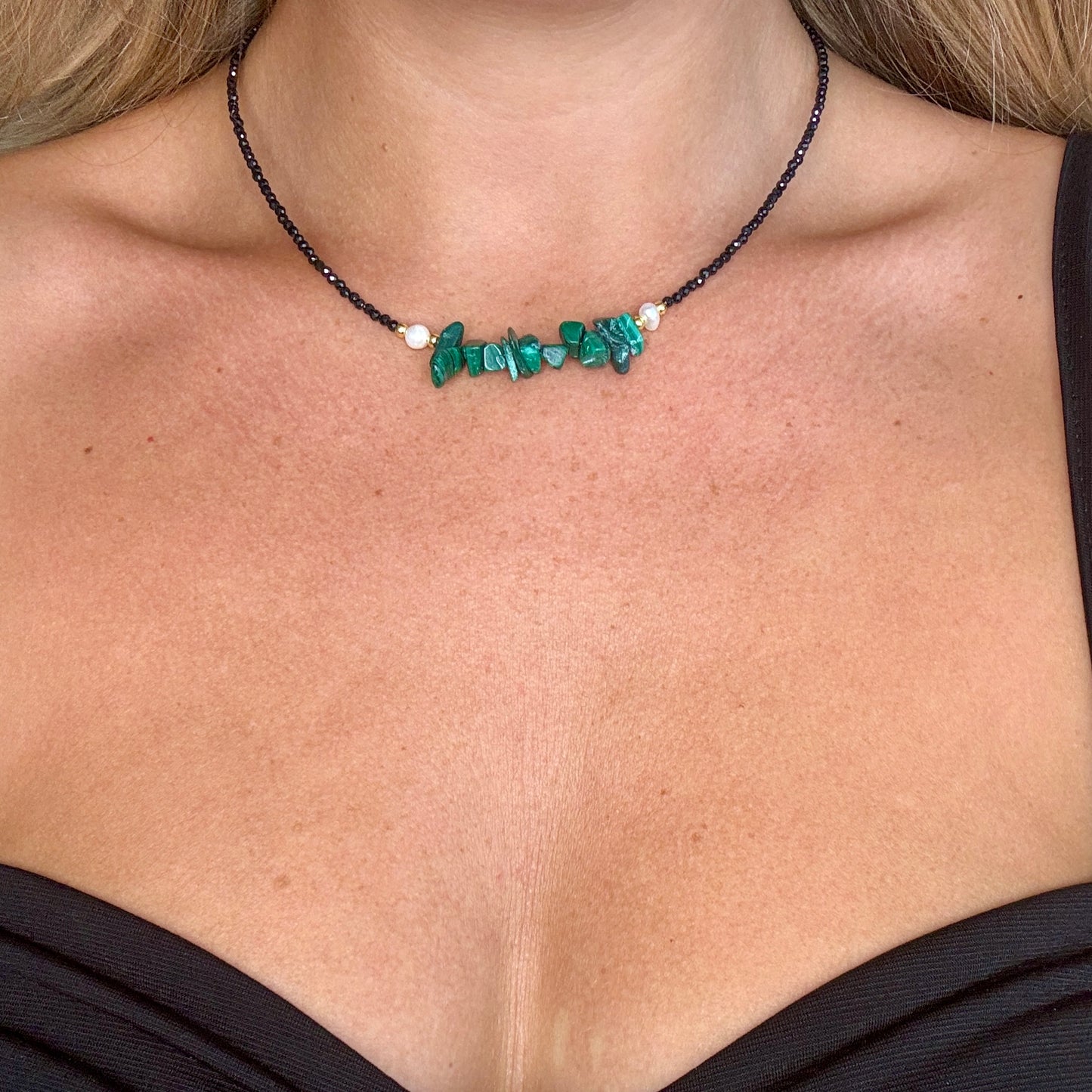 Black Tourmaline and Malachite Choker Necklace