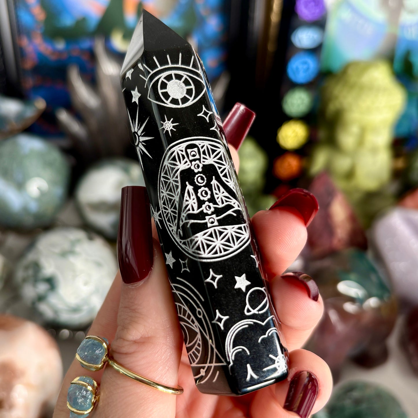 Black Obsidian Celestial Engraved Towers 10cm