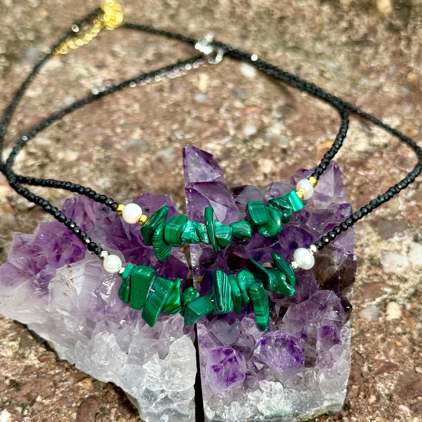 Black Tourmaline and Malachite Choker Necklace