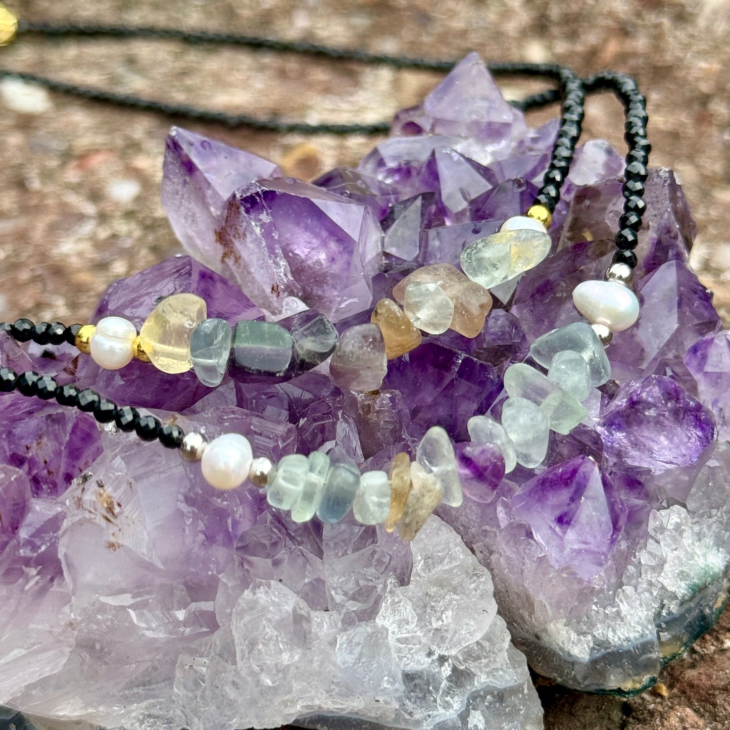 Black Tourmaline and Rainbow Fluorite Choker Necklace