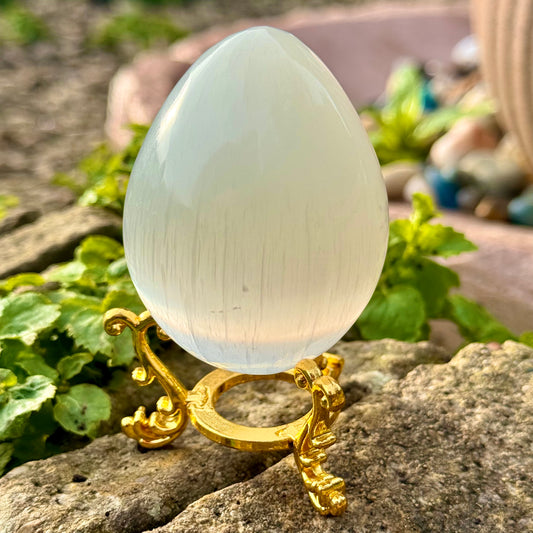 Selenite Egg Sphere with Gold Metal Stand Included